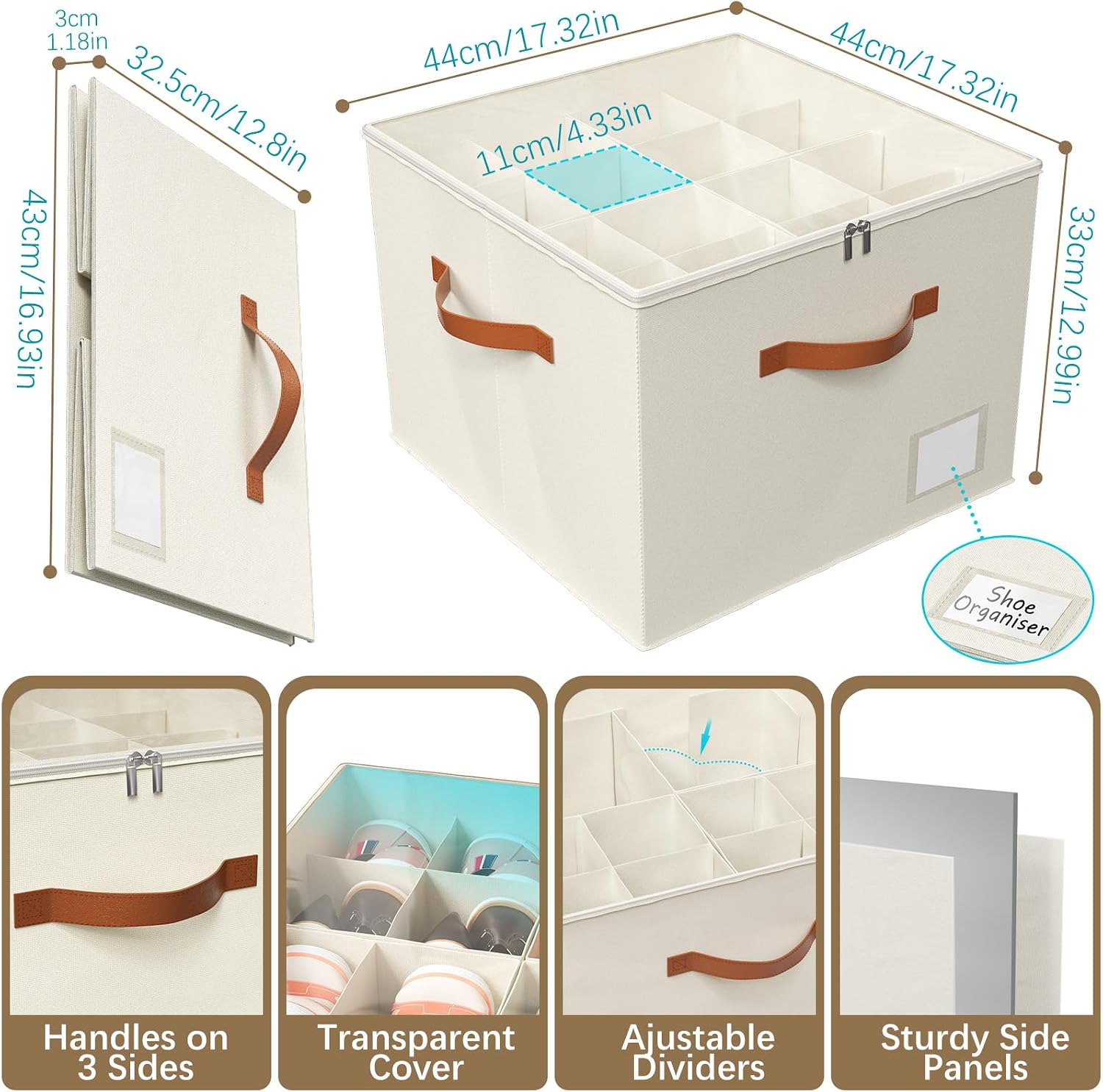 Storivo Shoe Storage Organiser Box 16 Pairs, Clear Lid, Adjustable Dividers - Image 4