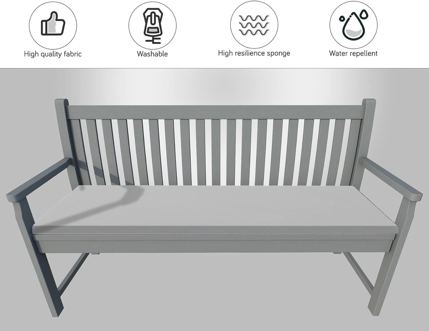 100% Waterproof Garden Bench Cushion 2/3/4 Seater Outdoor Long Bench Seat Pad for Lawn & Garden, Patio, Office, Coffee Shop with Removable Cover (2 Seater 108cm x 45cm x 5cm, Grey) - Image 3