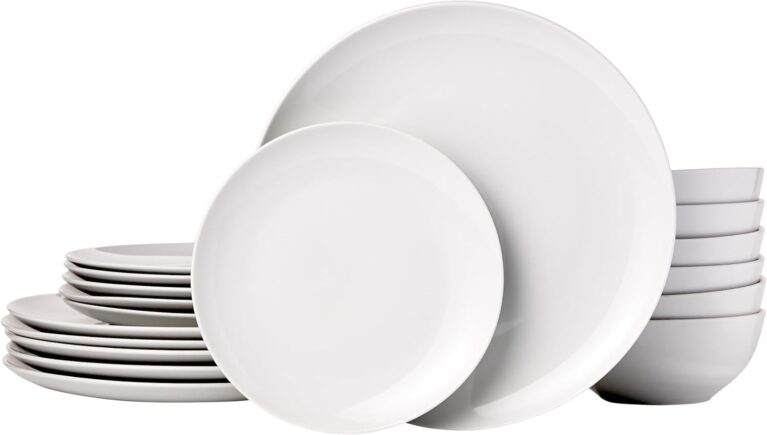 Amazon Basics 18-Piece Dinnerware Set - White Porcelain Coupe, Service for 6