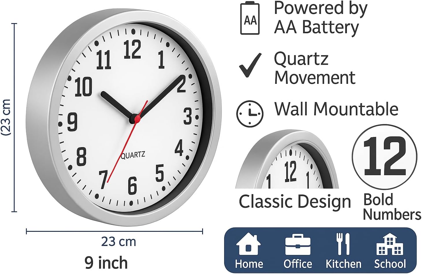 BH | Wall Clock 9" Silent | Non Ticking Decorative Modern Quartz Clocks - Image 2