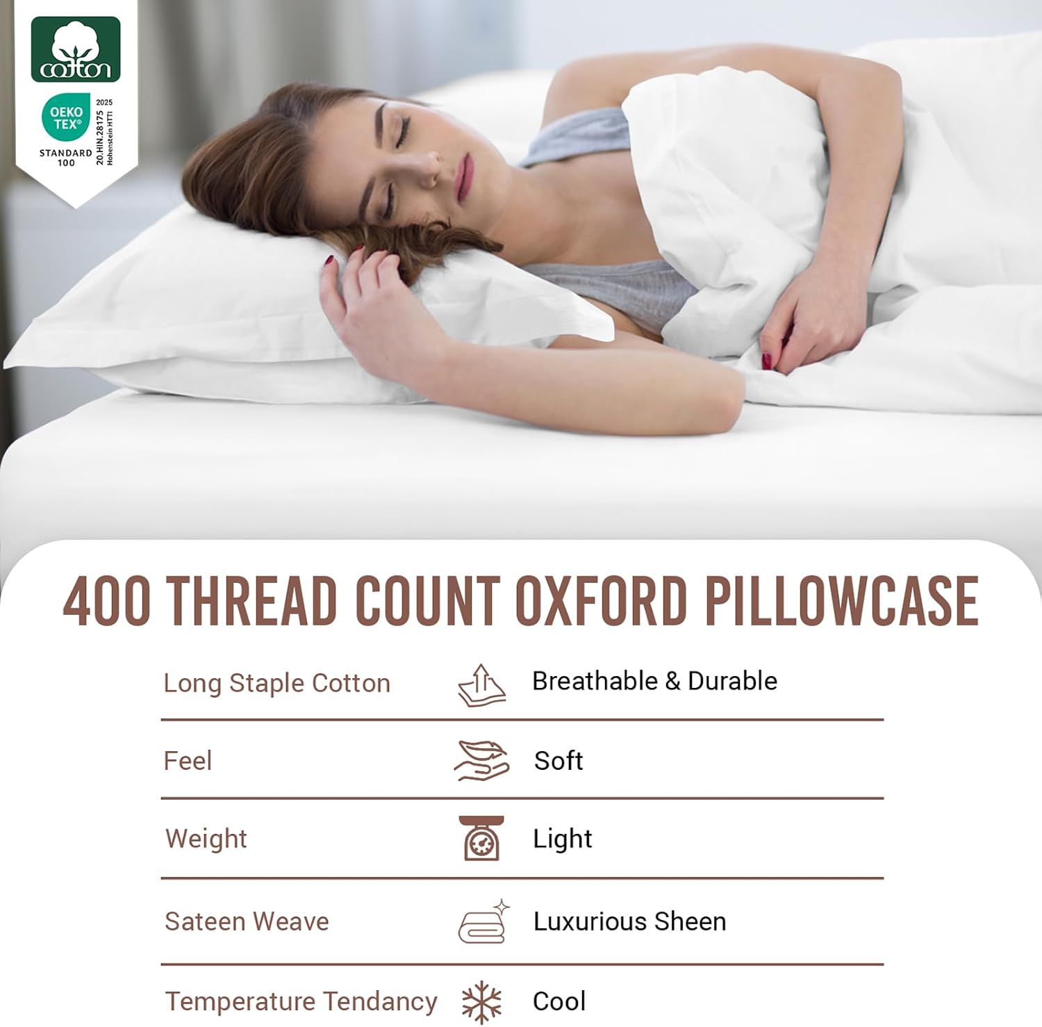 Pizuna 100% Cotton Standard Pillowcases 2 Pack White 50x75cm, 400 Thread Count Long Staple Combed Cotton Soft Pillow Cover, Sateen Weave Oxford Pillow Cases (Cooling Pillowcase 2PC) - Image 2