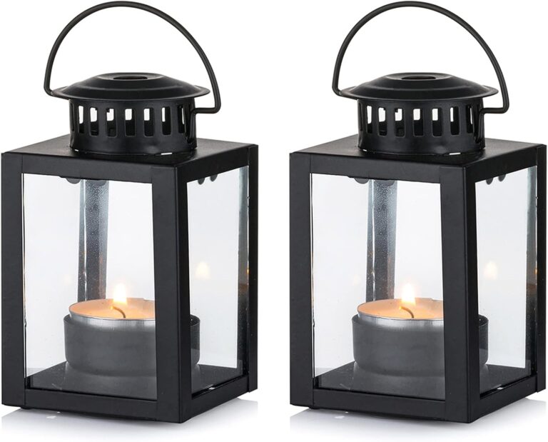 Nuptio Lanterns for Candles Garden Lanterns, 2 Pcs Vintage Style Hanging Small Lanterns for Tealight Candle, Black Candle Tea Light Holders for Indoor Outdoor Events Birthday Party Wedding