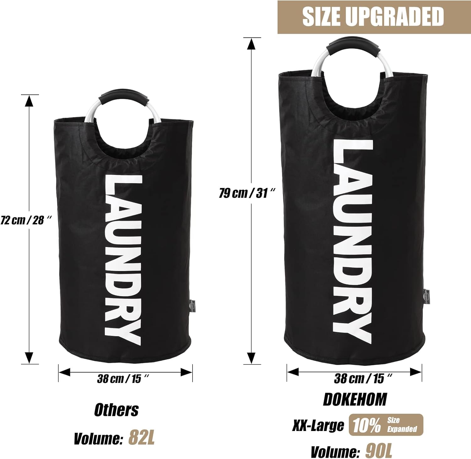 DOKEHOM 90L Large Laundry Basket Bag, Collapsible Tall Hamper, Black - Image 3