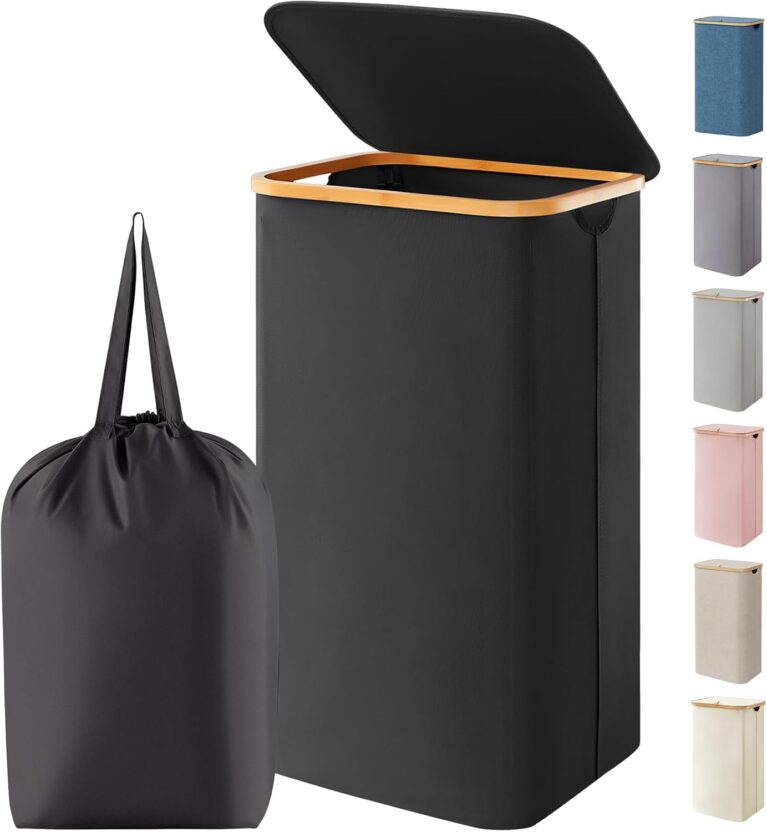 Lifewit 105L Laundry Basket with Lid, Foldable, Bamboo Handles, Black