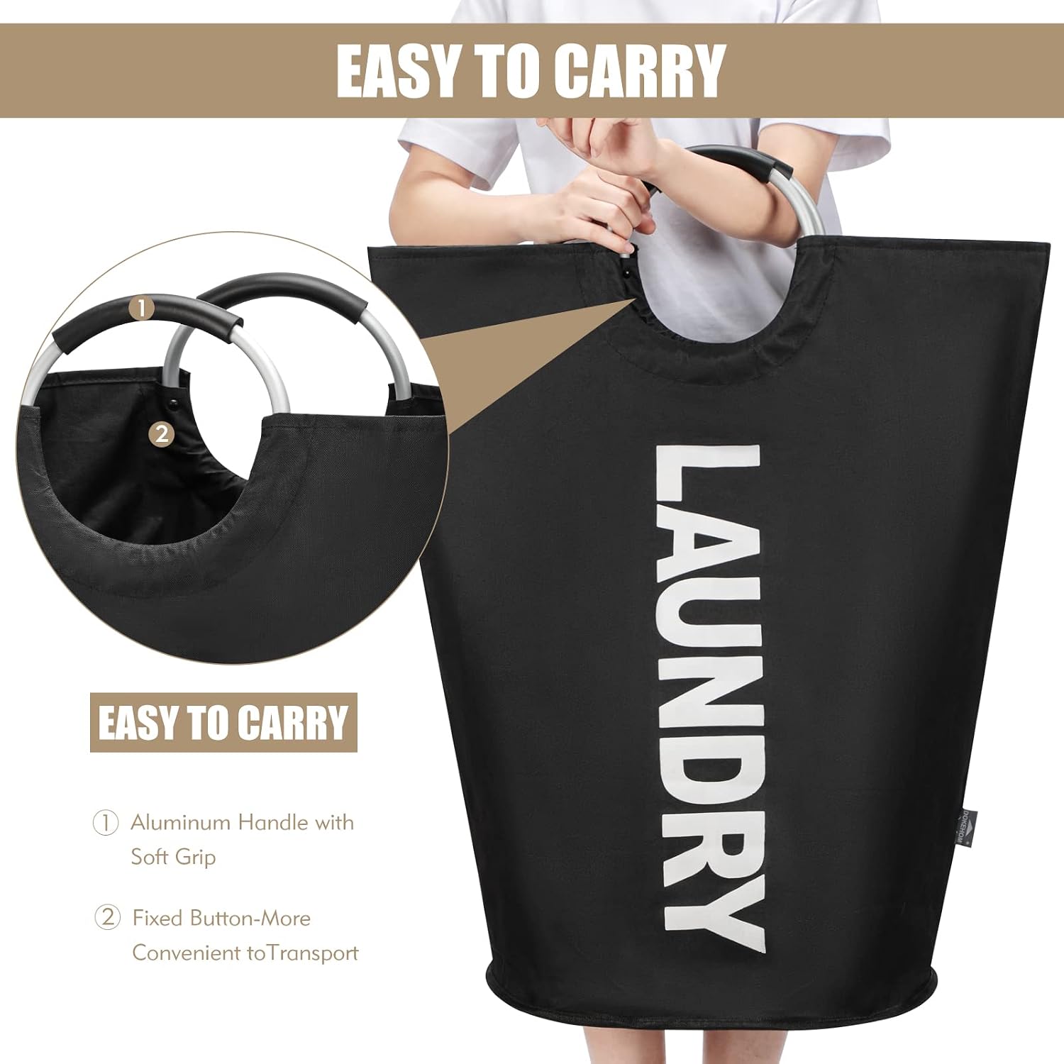 DOKEHOM 90L Large Laundry Basket Bag, Collapsible Tall Hamper, Black - Image 4