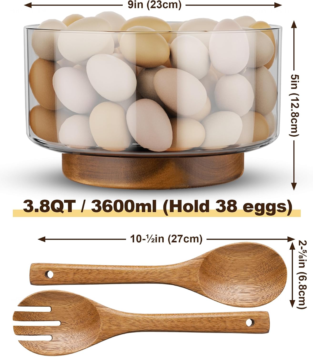 NiHome Glass Salad Bowl 3.6L with Acacia Wood Base & Servers Clear - Image 7