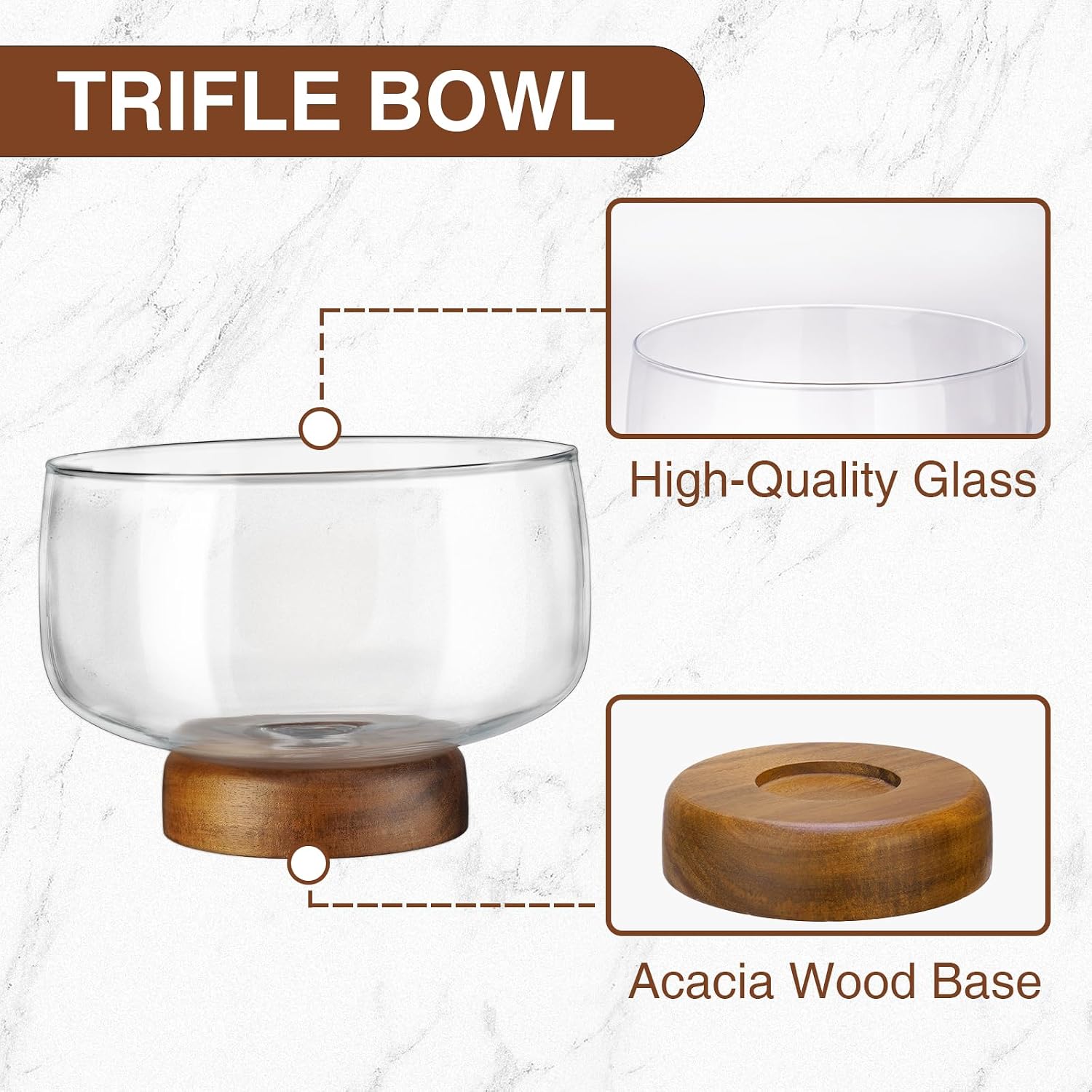 NiHome 123oz/3.6L Large Glass Trifle Bowl with Elegant Acacia Wood Stand, Versatile Serving Dish for Cakes, Salads, Desserts, Stylish Display for Parties, Weddings, Special Occasions - Image 4