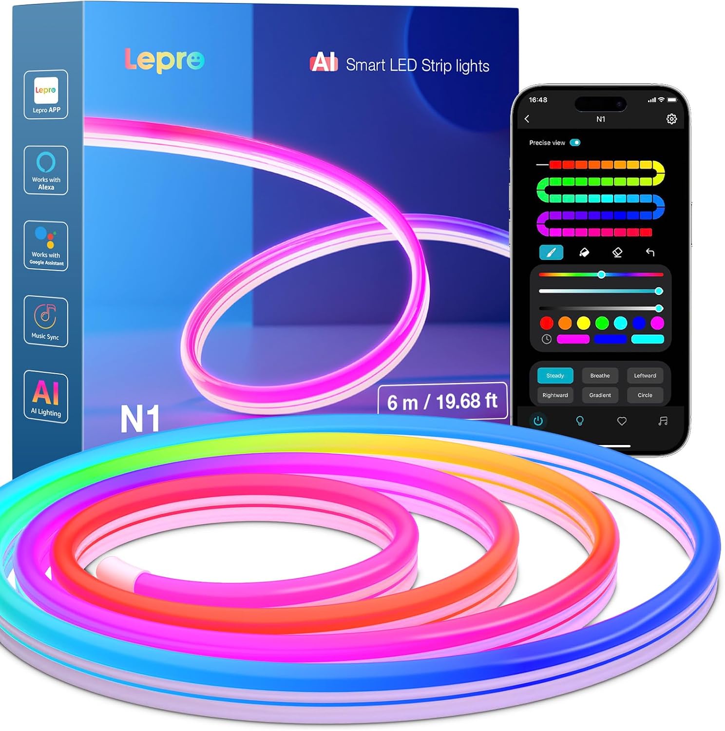 Lepro N1 AI Smart Neon Rope Light 6M RGB+IC, Spotless, IP65 Neon Lightstrip