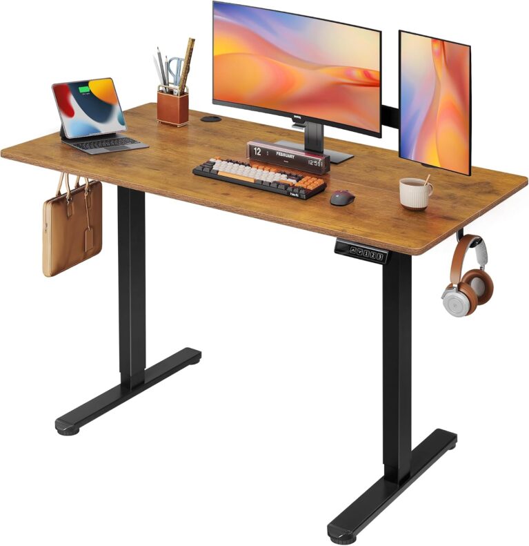 DEVAISE Electric Standing Desk Height Adjustable 120×60 cm, Sit Stand Desk with Memory Smart Pannel, Splice Board, Quiet Operation, Sturdy Metal Frame for Home Office, Brown