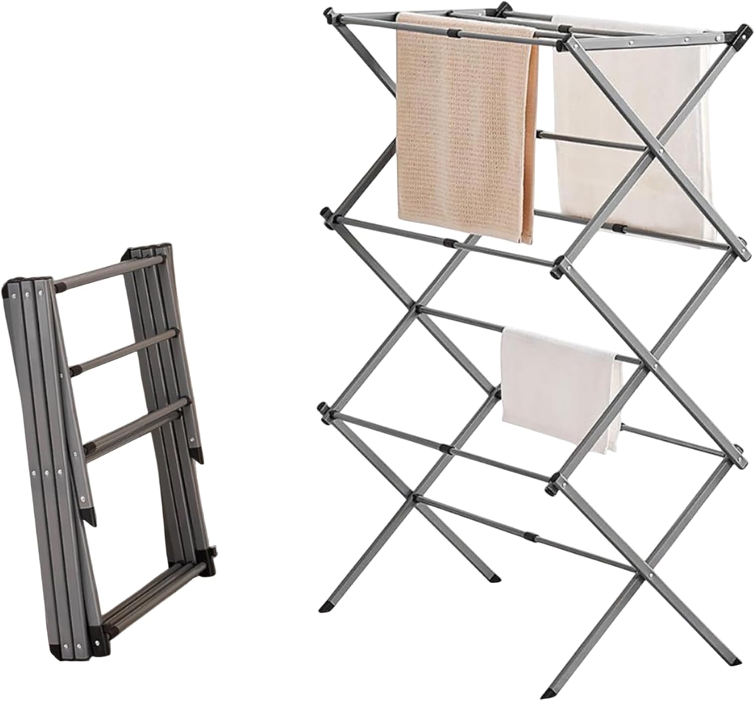 Expandable Clothes Drying Rack-Foldable 3-Tier Laundry Drying Rack, Adjustable Towel Rack Air Drying Clothing - Indoor & Outdoor Foldable Drying Racks Horse Airer, Grey