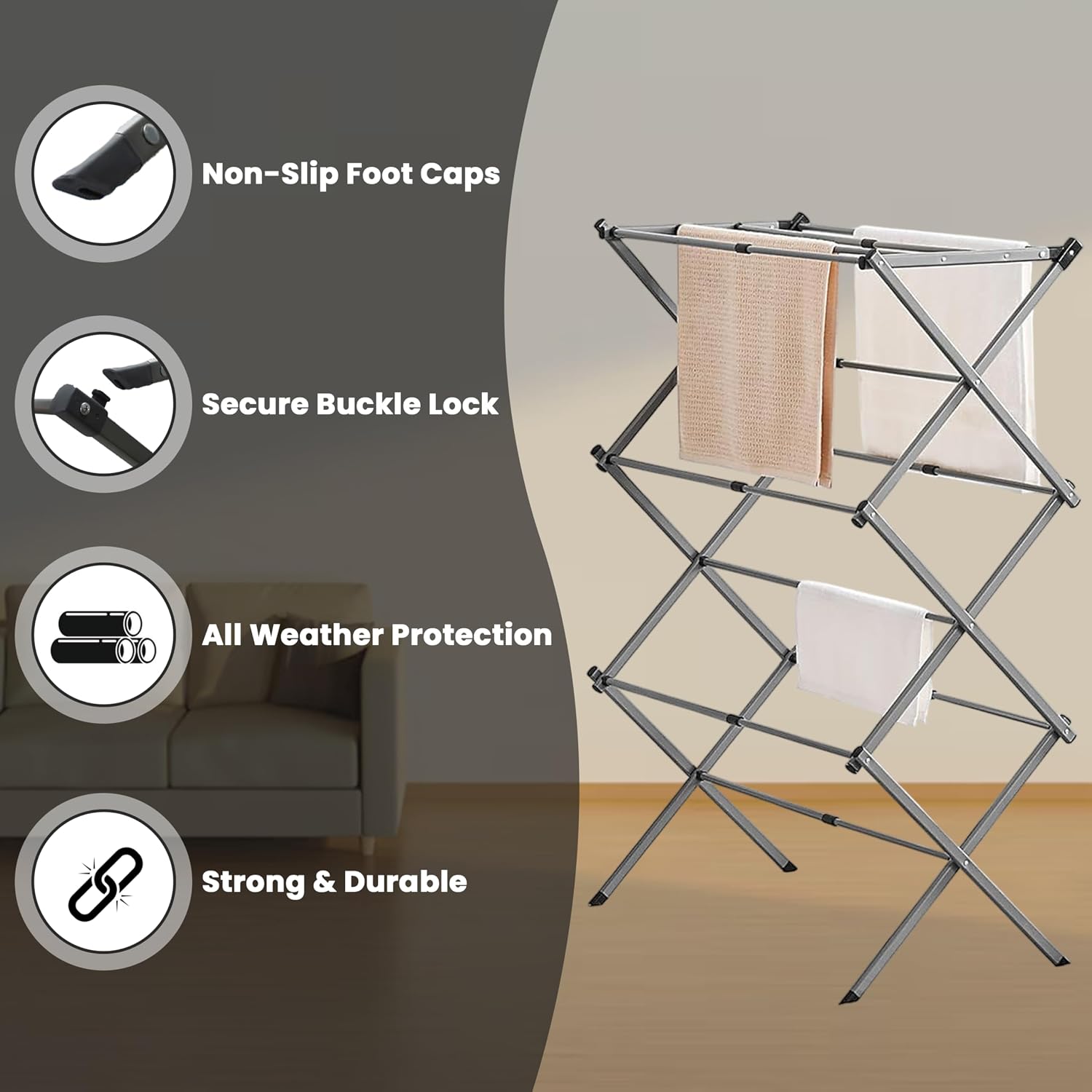 Expandable Clothes Drying Rack-Foldable 3-Tier Laundry Drying Rack, Adjustable Towel Rack Air Drying Clothing - Indoor & Outdoor Foldable Drying Racks Horse Airer, Grey - Image 3