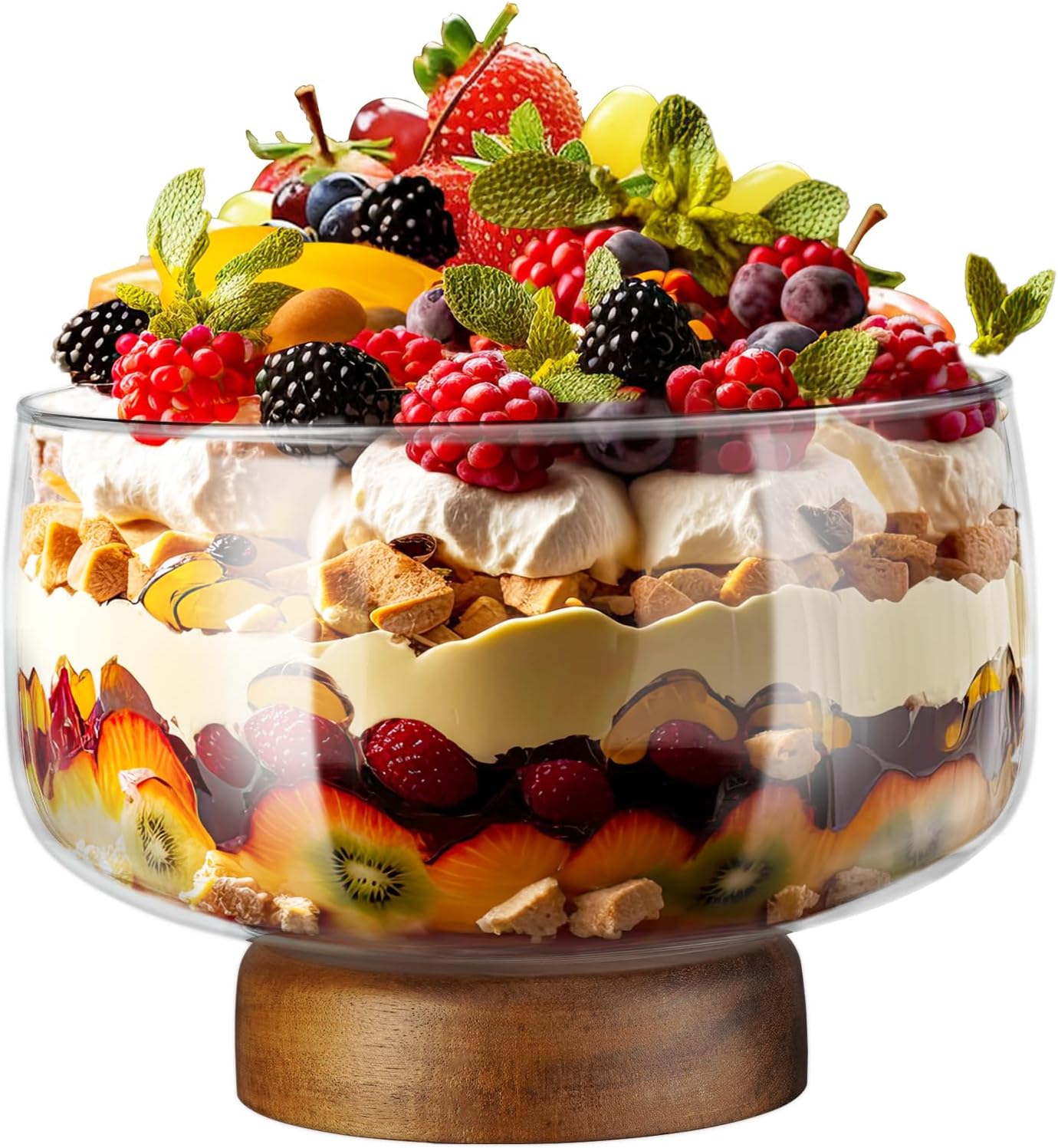 NiHome 123oz/3.6L Large Glass Trifle Bowl with Elegant Acacia Wood Stand, Versatile Serving Dish for Cakes, Salads, Desserts, Stylish Display for Parties, Weddings, Special Occasions