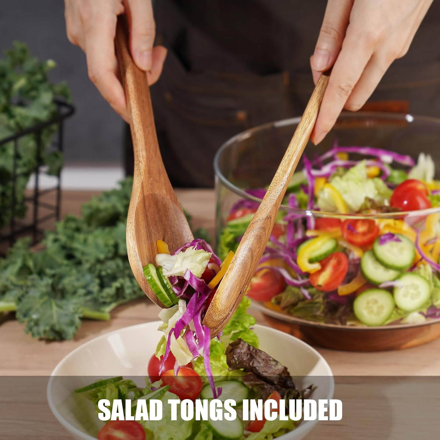 NiHome Glass Salad Bowl 3.6L with Acacia Wood Base & Servers Clear - Image 3