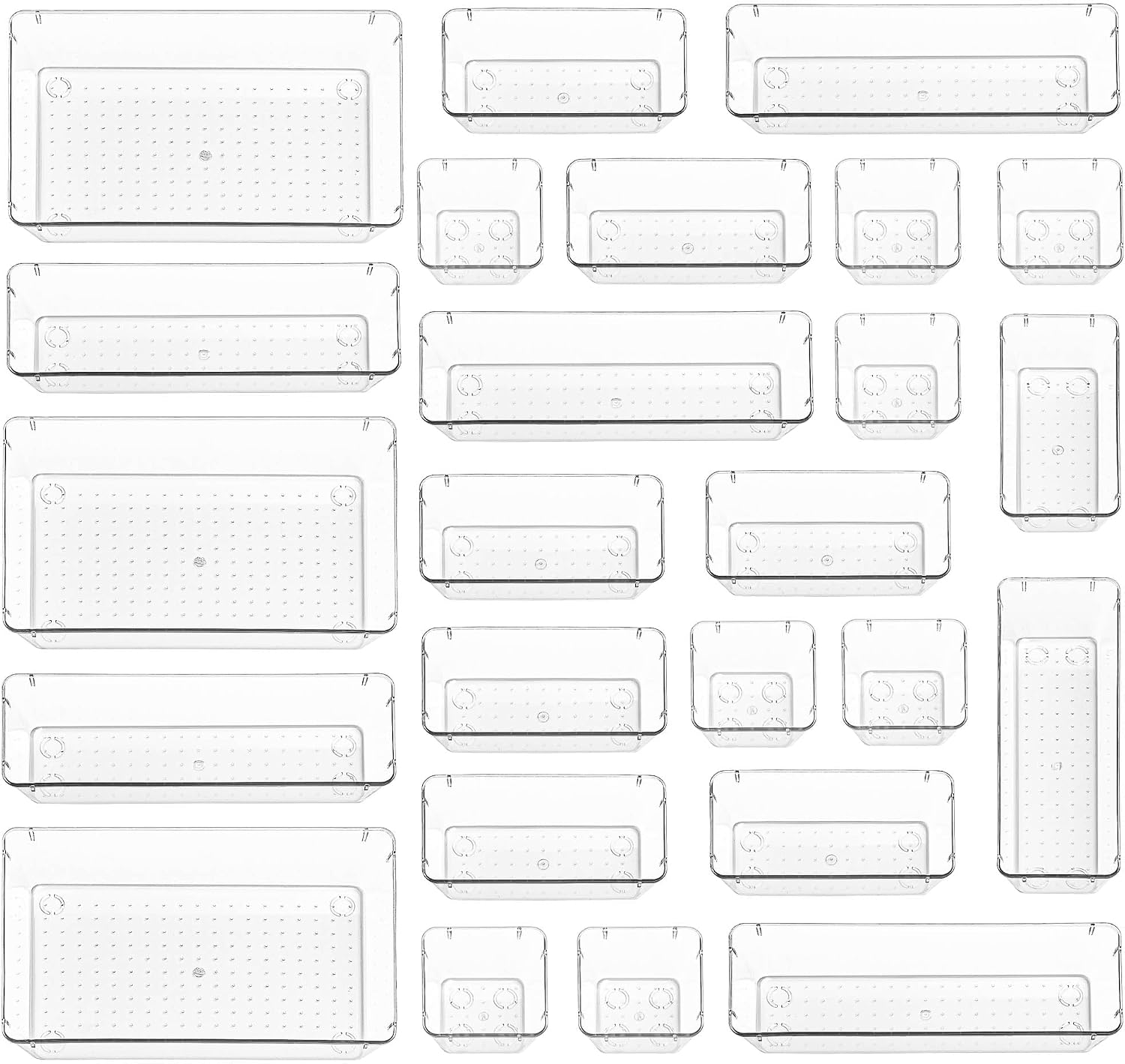 Stackzy Drawer Organiser Set – Makeup Organiser Tray for Drawers – Clear Cosmetics Container Tray for Bedroom – Utensil Cutlery Set Divider – Kitchen Storage & Organisation – 25pack