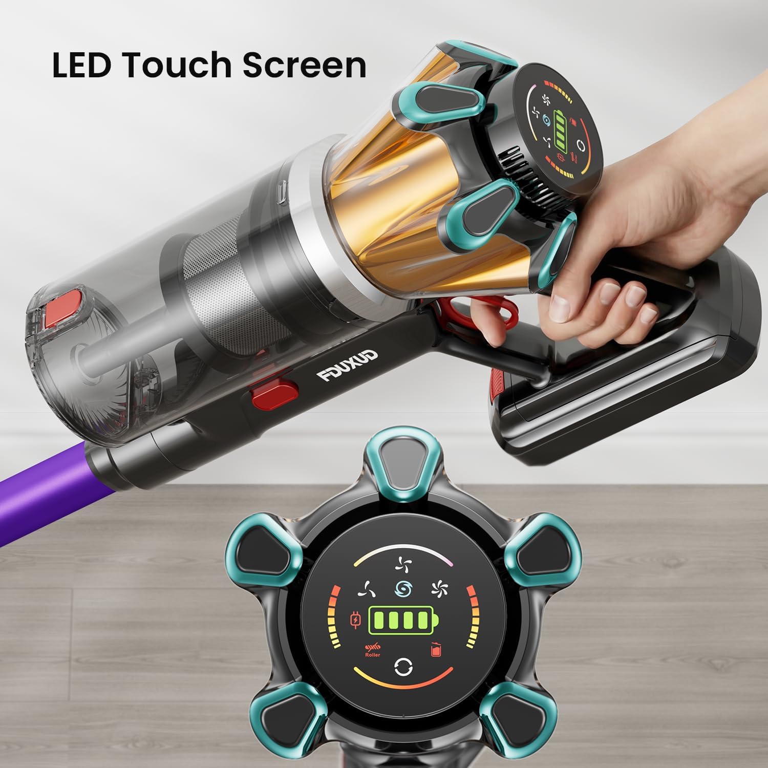 Cordless Vacuum Cleaner 600W 50Kpa 70Mins, Stick Vacuum with Hurricane Mode, Anti-Tangle, OLED Touch Screen, Wall-mounted Charging, 1.8L Cup, Self-Standing Vacuum Cleaner for Home Pet Hair Carpet - Image 5