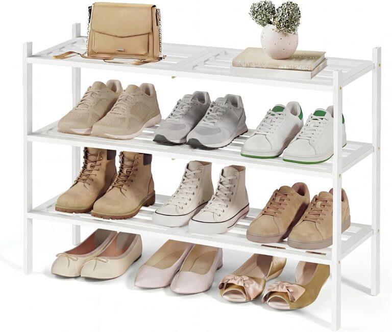 SONGMICS Bamboo Shoe Rack, 3-Tier Stackable Space-Saving Storage Shelf for Entryway, Living Room, Bedroom, Garage, Holds 12-16 Pairs, 25 x 70 x 51.5 cm, Cloud White LBS053WZ01