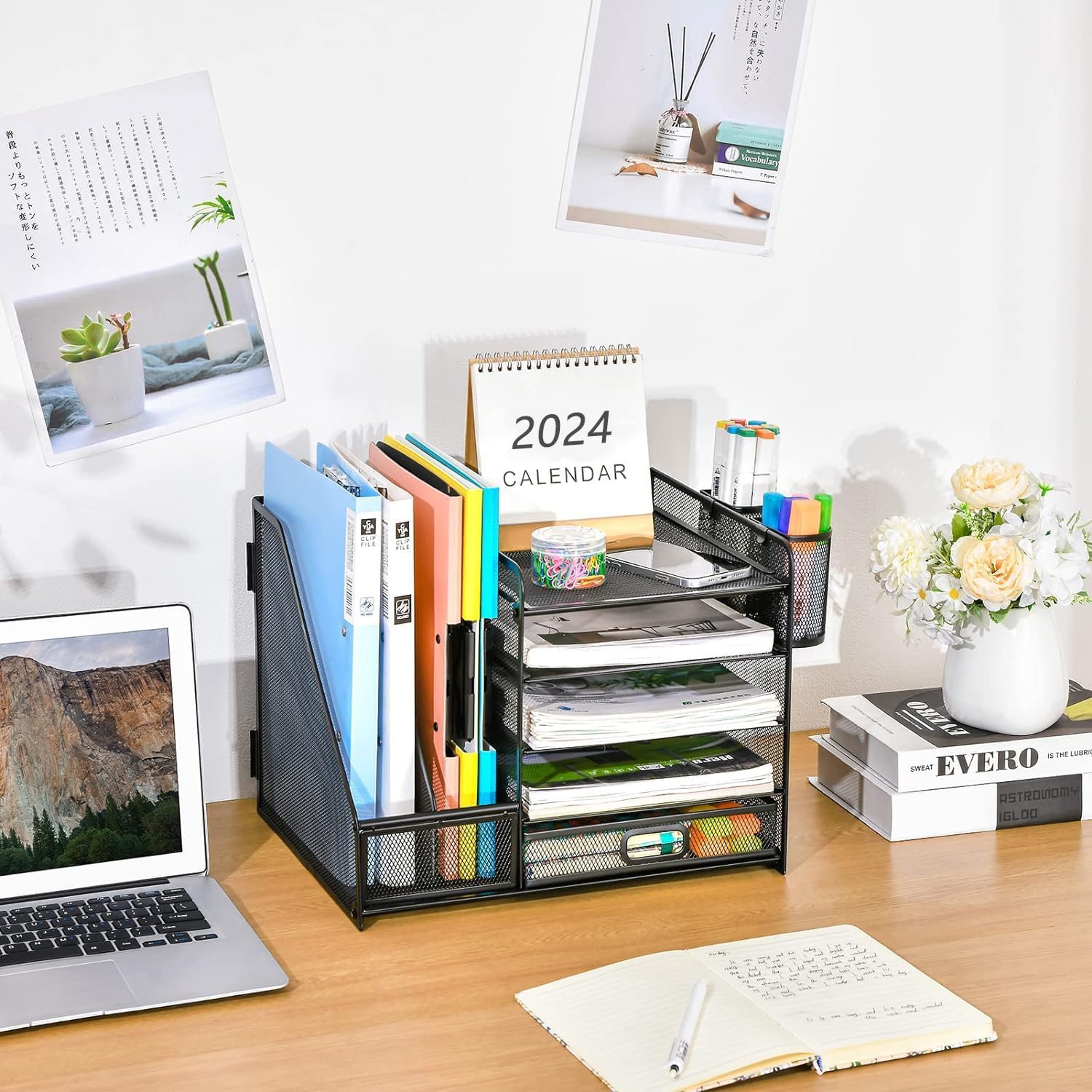 Marbrasse Desk Organiser File Holder,5-Tier Paper Letter Tray Organiser with Drawer,2 Pen Holder,Mesh Desktop Storage with Magazine Holder for Office Supplies(Black) - Image 5