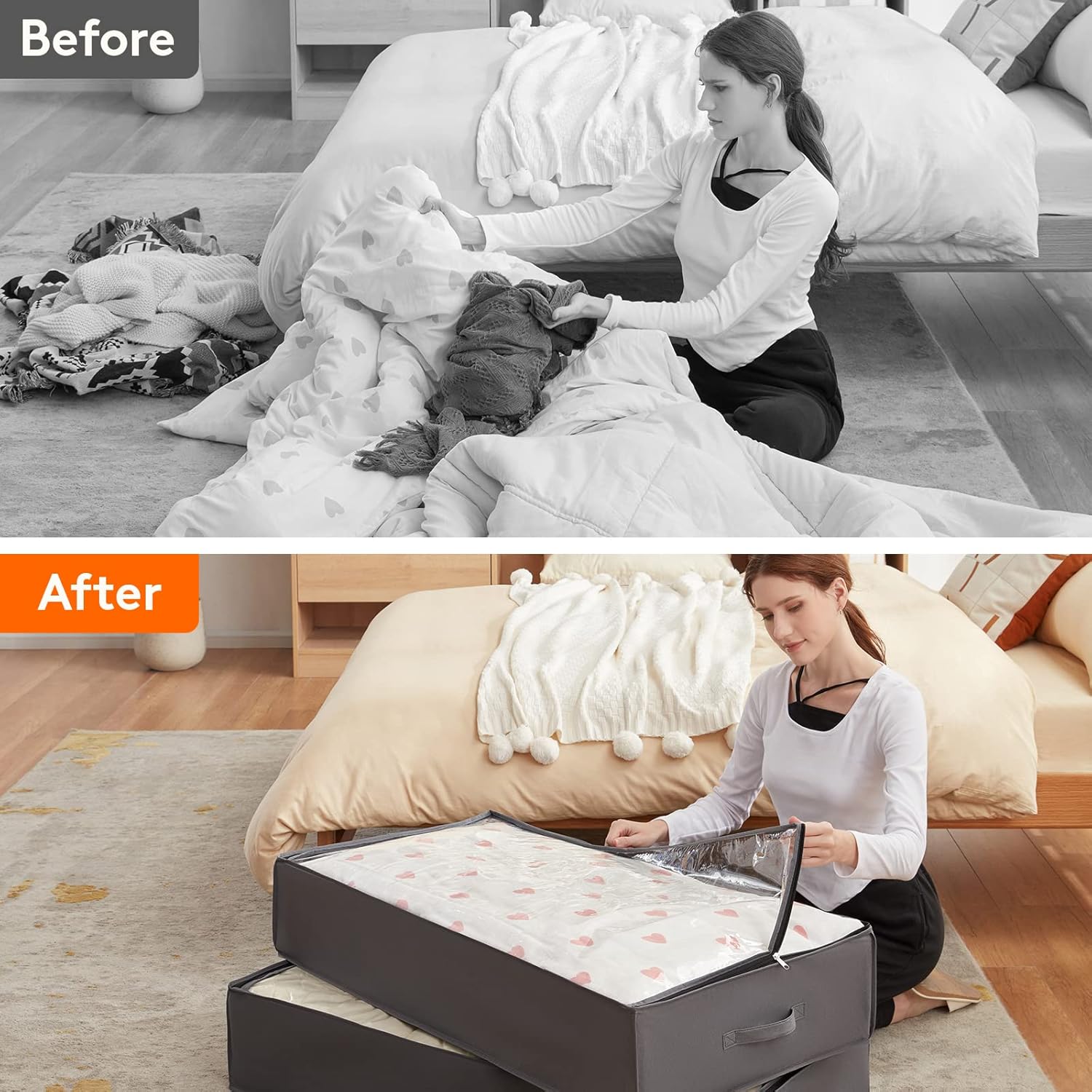 Lifewit 4 Pack 95L Under Bed Storage, Underbed Storage Boxes with lid Clothes Storage Bag Wardrobe Storage Organiser with Reinforced Handle, PVC Window for Duvet, Blanket, Clothing, Shoes, Grey - Image 9