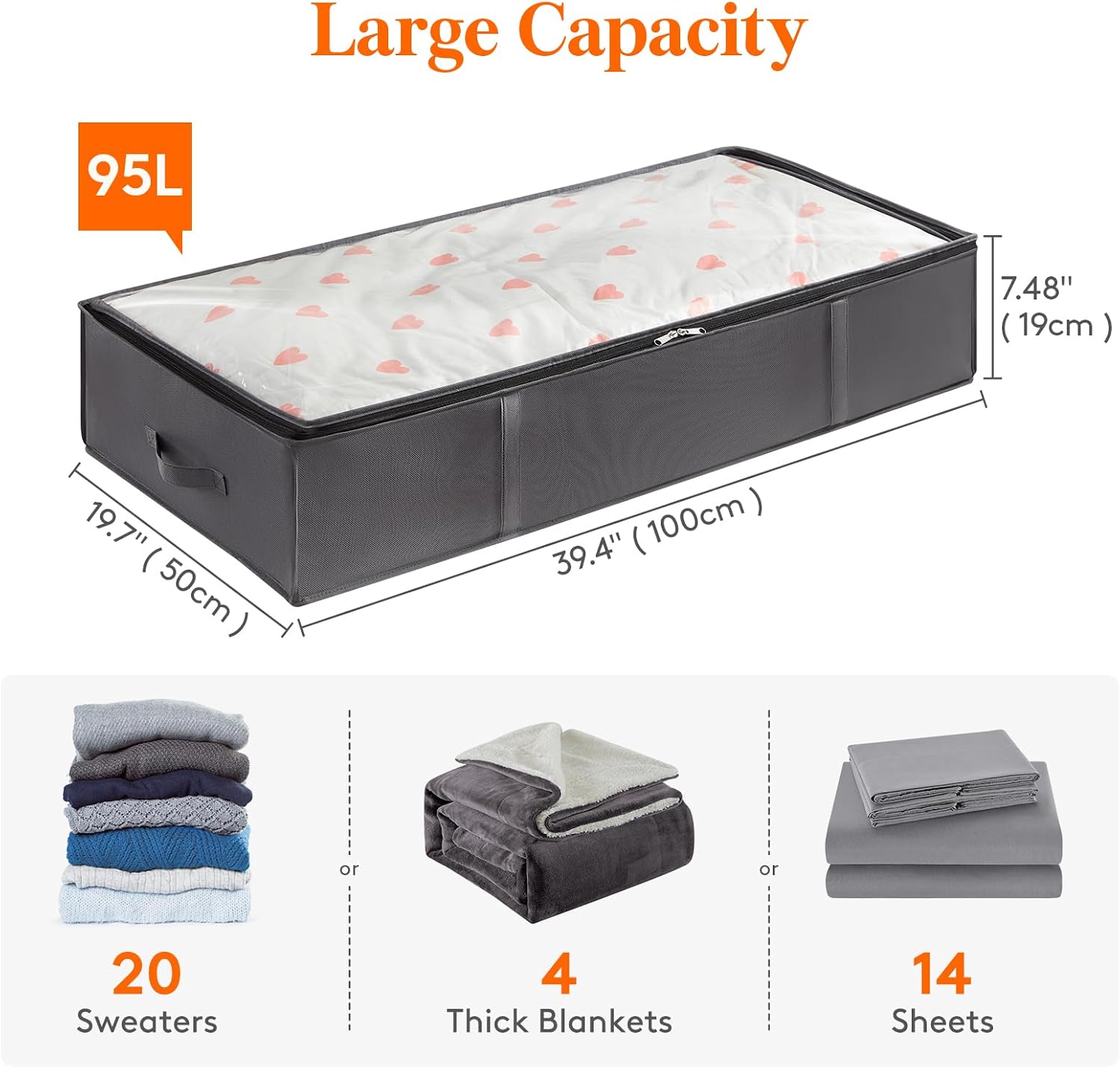 Lifewit 4 Pack 95L Under Bed Storage, Underbed Storage Boxes with lid Clothes Storage Bag Wardrobe Storage Organiser with Reinforced Handle, PVC Window for Duvet, Blanket, Clothing, Shoes, Grey - Image 2