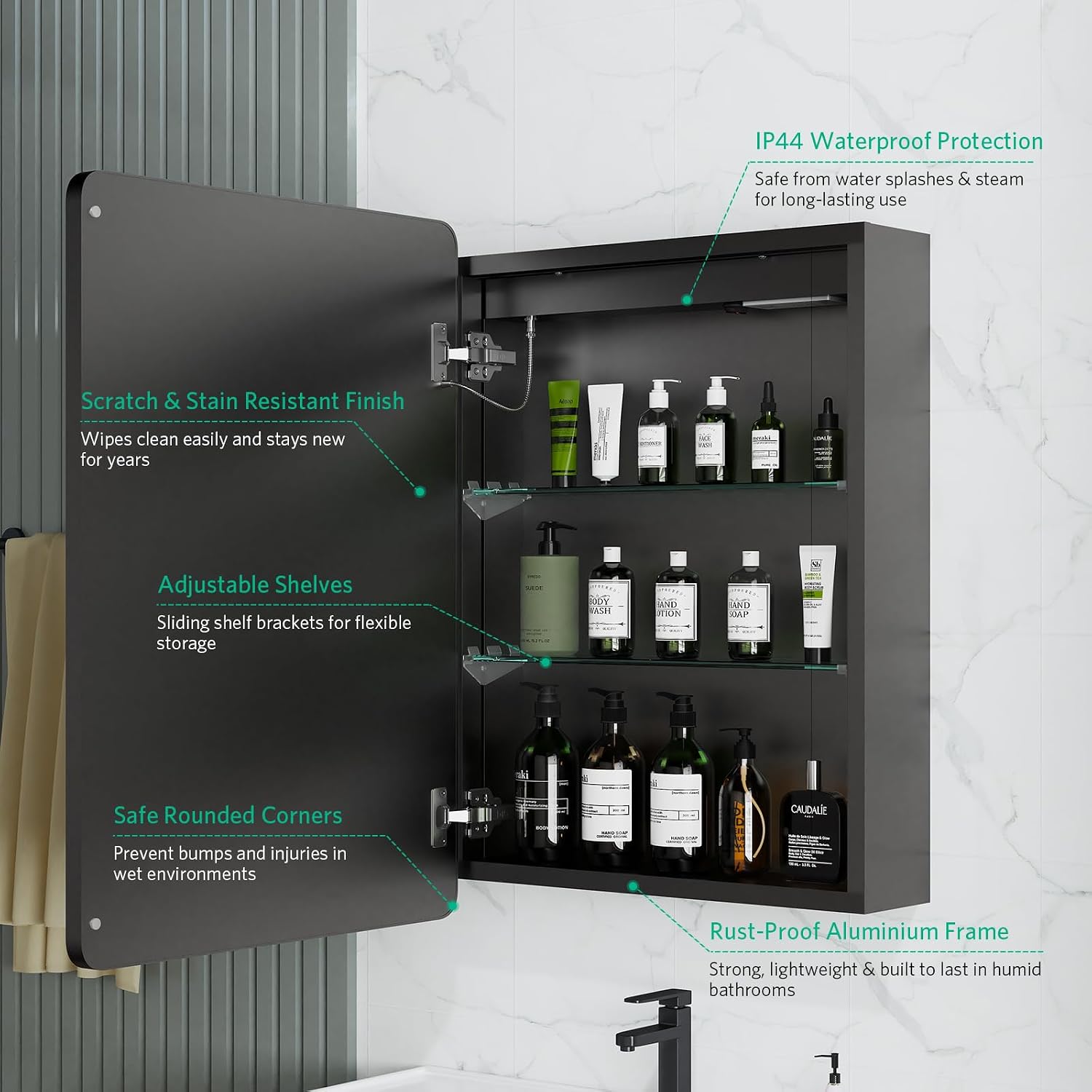 LED Bathroom Mirror Cabinet with Shaver Socket 50x70cm Black - Image 5