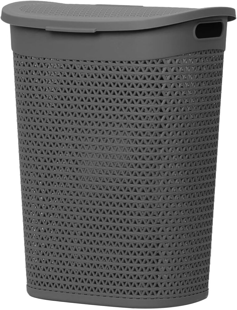 60L Laundry Basket with Lid - Large Plastic Washing Basket with Handles - Heavy-Duty Rattan Laundry Bin Hamper Clothes Storage Organiser for Bedroom & Bathroom - Grey, 60 Litre