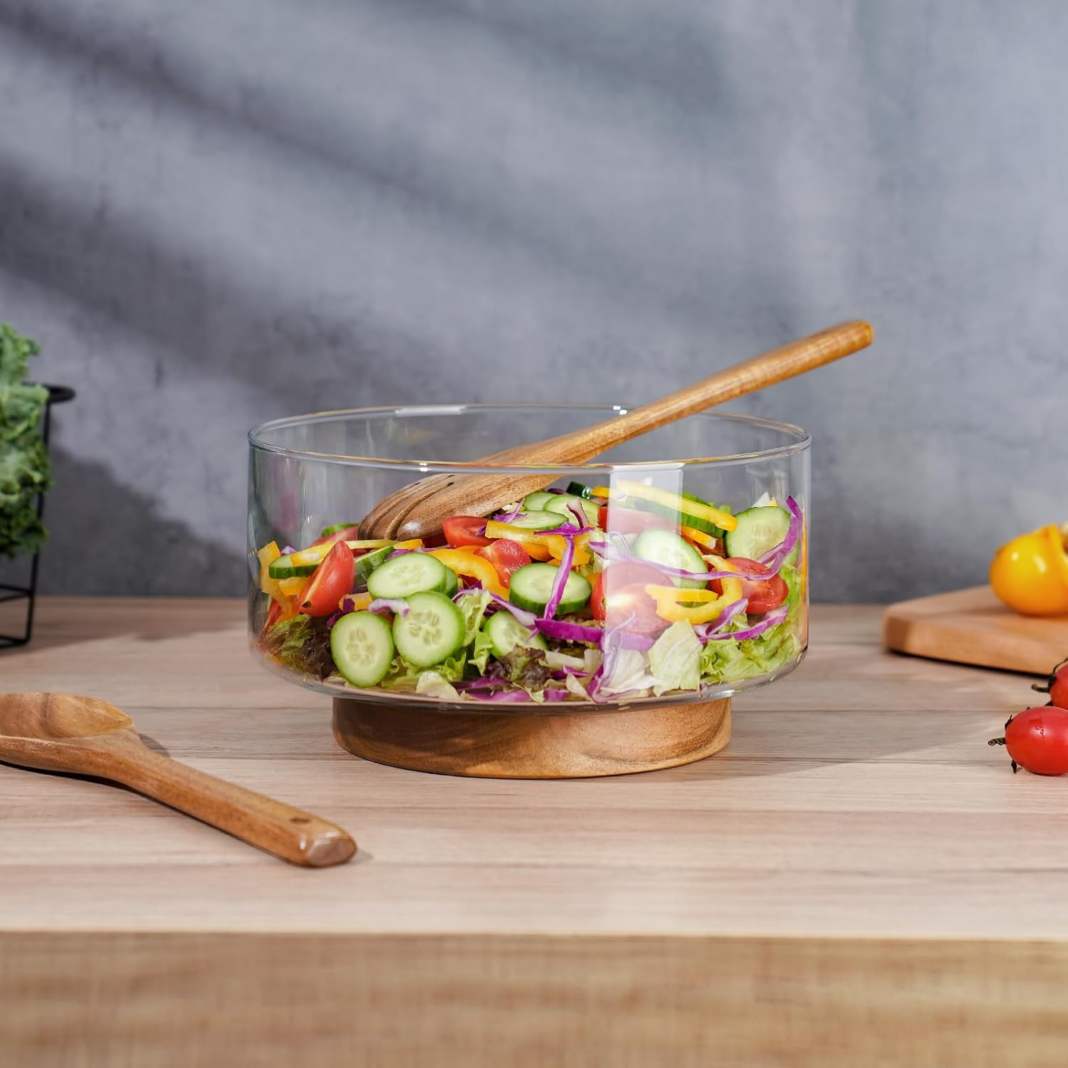 NiHome Glass Salad Bowl 3.6L with Acacia Wood Base & Servers Clear - Image 4