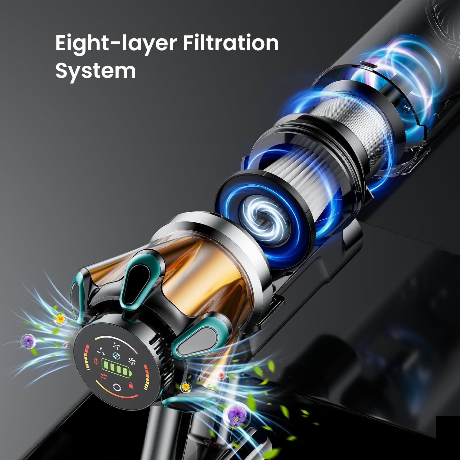 Cordless Vacuum Cleaner 600W 50Kpa 70Mins, Stick Vacuum with Hurricane Mode, Anti-Tangle, OLED Touch Screen, Wall-mounted Charging, 1.8L Cup, Self-Standing Vacuum Cleaner for Home Pet Hair Carpet - Image 8
