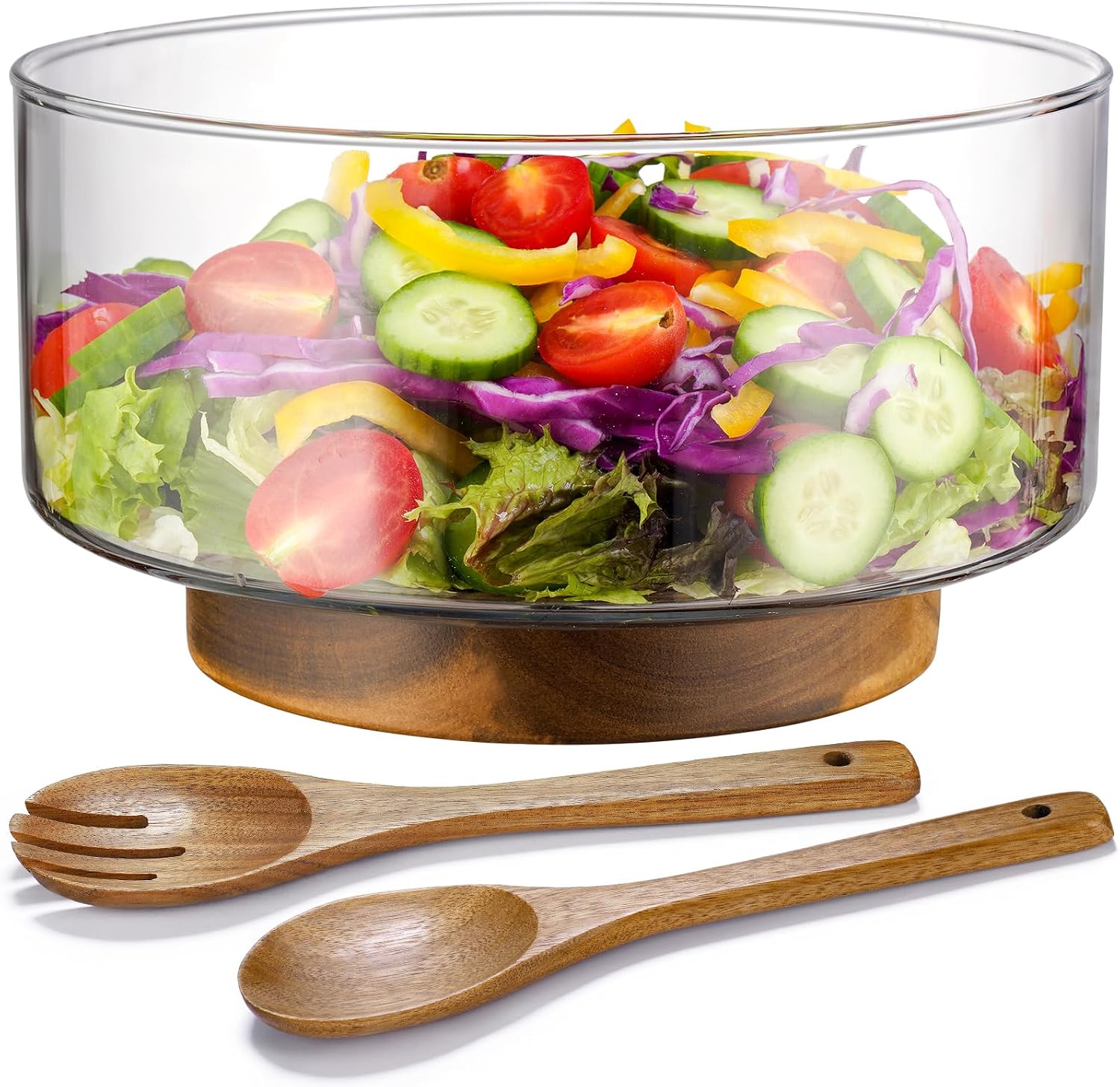 NiHome Glass Salad Bowl 3.6L with Acacia Wood Base & Servers Clear
