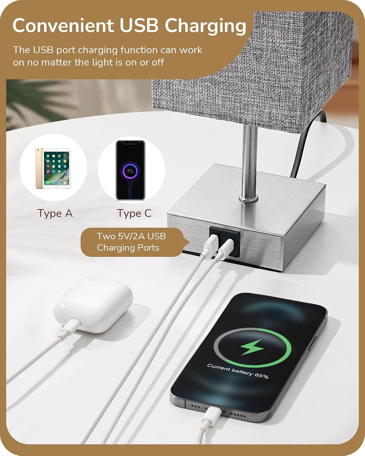EDISHINE Touch Bedside Lamps Set of 2, 3-Way Dimmable with USB A+C Ports - Image 3