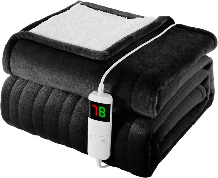 Homemate Heated Blanket Electric Throw - 130x160cm, 1/2/4/6/8 Hours Auto-Off 10 Heat Level Digital Control, Over-Heat Protection Flannel Sherpa Washable Blanket Black