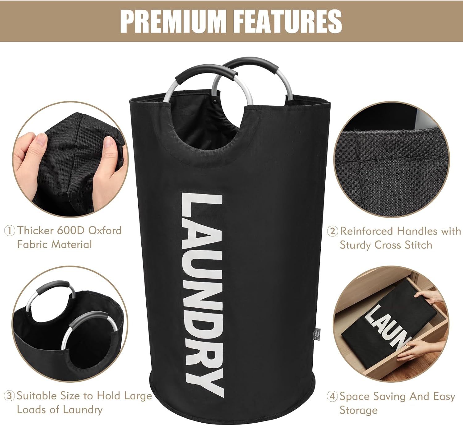 DOKEHOM 90L Large Laundry Basket Bag, Collapsible Tall Hamper, Black - Image 6