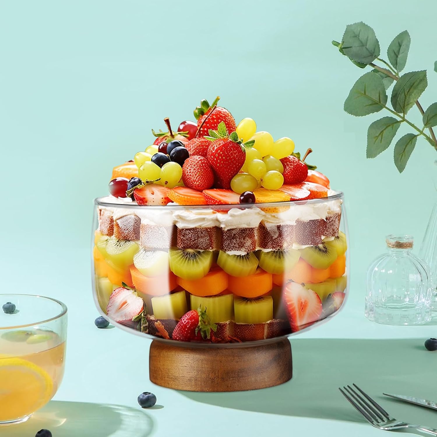 NiHome 123oz/3.6L Large Glass Trifle Bowl with Elegant Acacia Wood Stand, Versatile Serving Dish for Cakes, Salads, Desserts, Stylish Display for Parties, Weddings, Special Occasions - Image 6