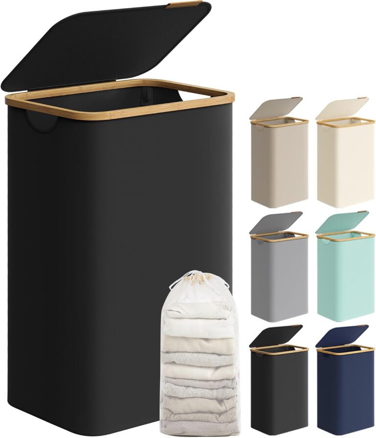 SONGMICS 90L Laundry Basket with Lid, Laundry Hamper with Bamboo Handles