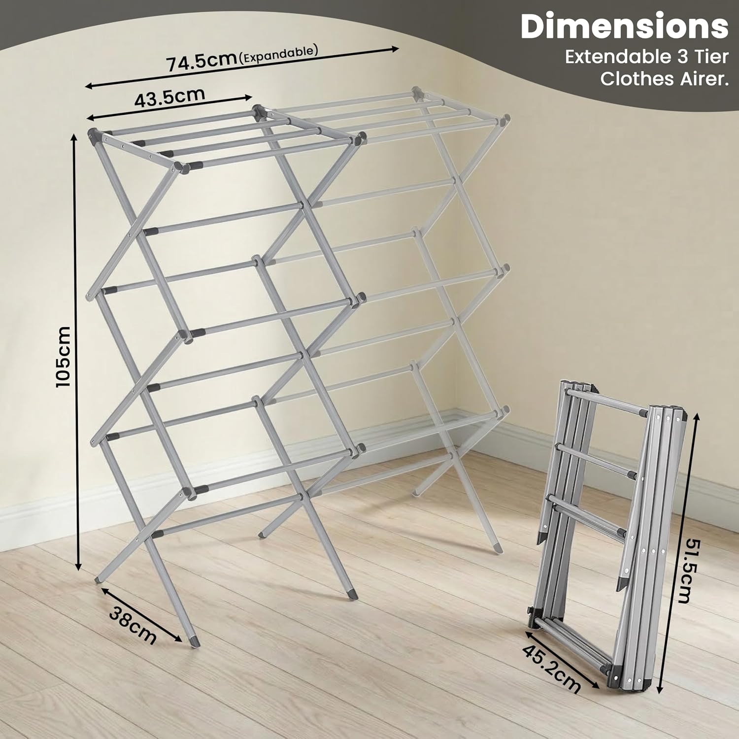 Expandable Clothes Drying Rack-Foldable 3-Tier Laundry Drying Rack, Adjustable Towel Rack Air Drying Clothing - Indoor & Outdoor Foldable Drying Racks Horse Airer, Grey - Image 2