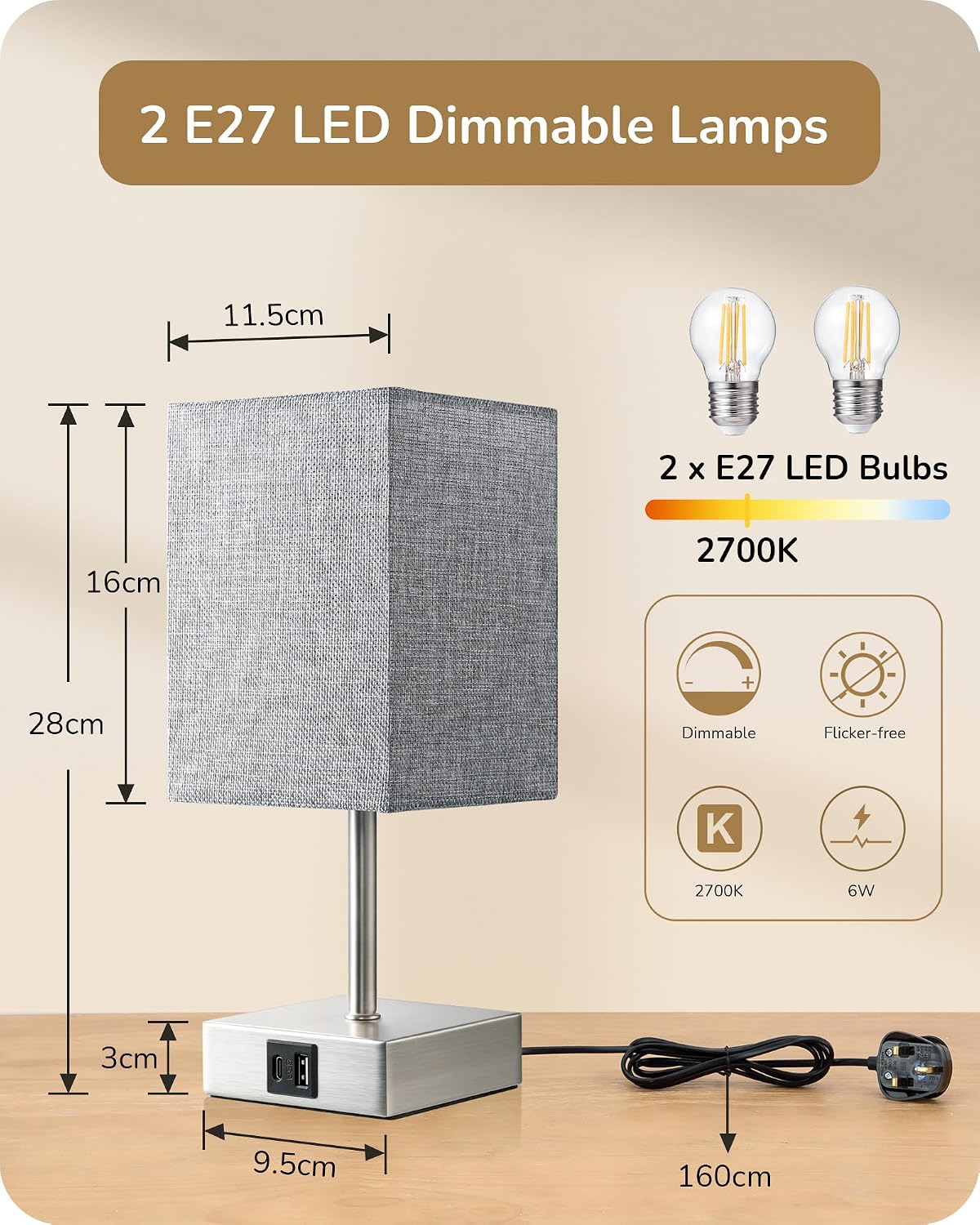 EDISHINE Touch Bedside Lamps Set of 2, 3-Way Dimmable with USB A+C Ports - Image 4
