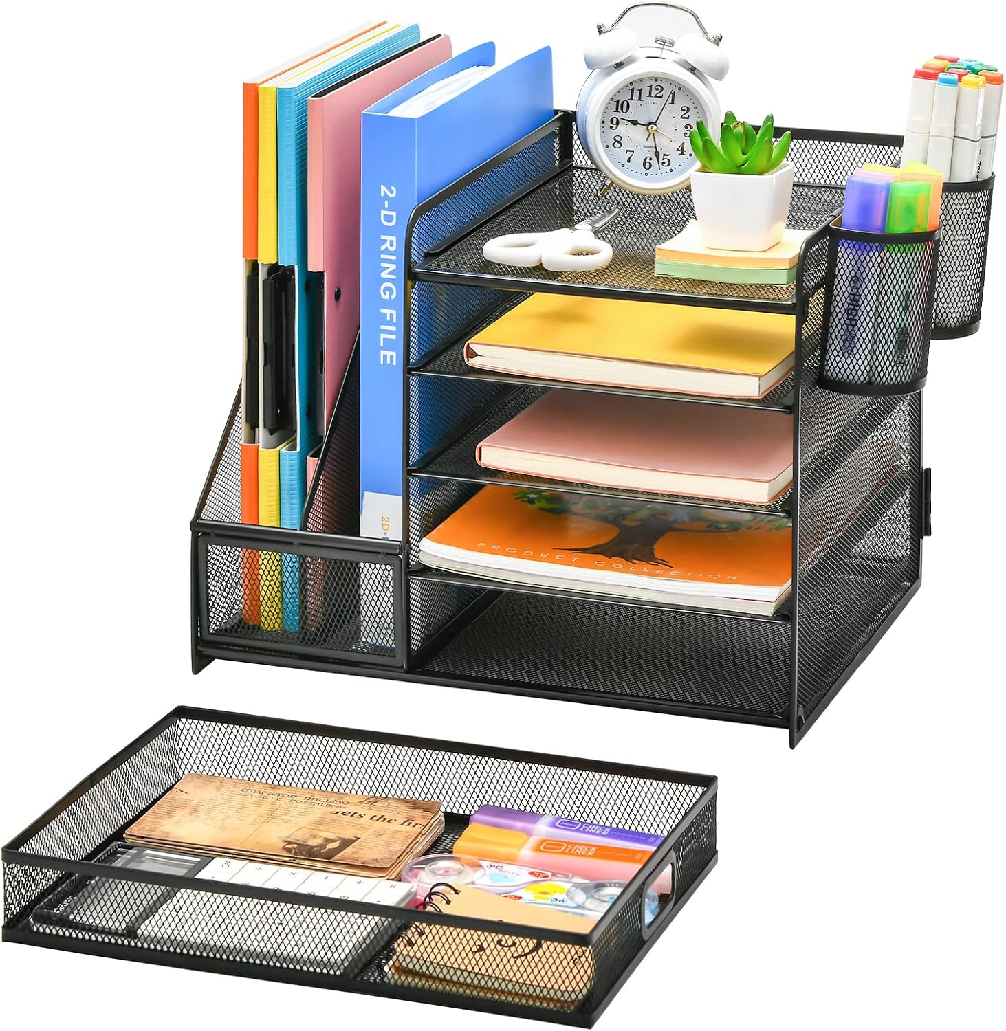 Marbrasse Desk Organiser File Holder,5-Tier Paper Letter Tray Organiser with Drawer,2 Pen Holder,Mesh Desktop Storage with Magazine Holder for Office Supplies(Black) - Image 2