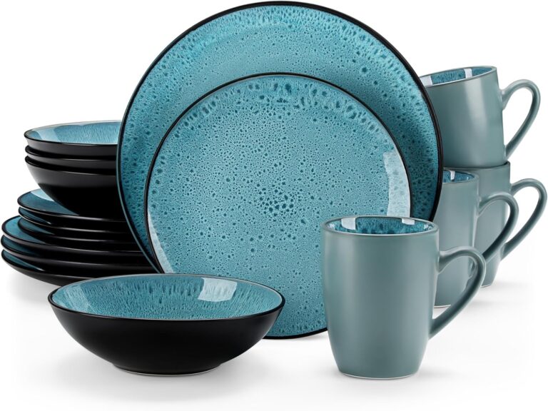 vancasso Bubble Green Dinnerware Sets, 16 Piece Reactive Glaze Plates and Bowls Set, Mediterranean Style Stoneware Dinner Set, Dishwasher & Microwave Safe Crockery Sets for 4 People