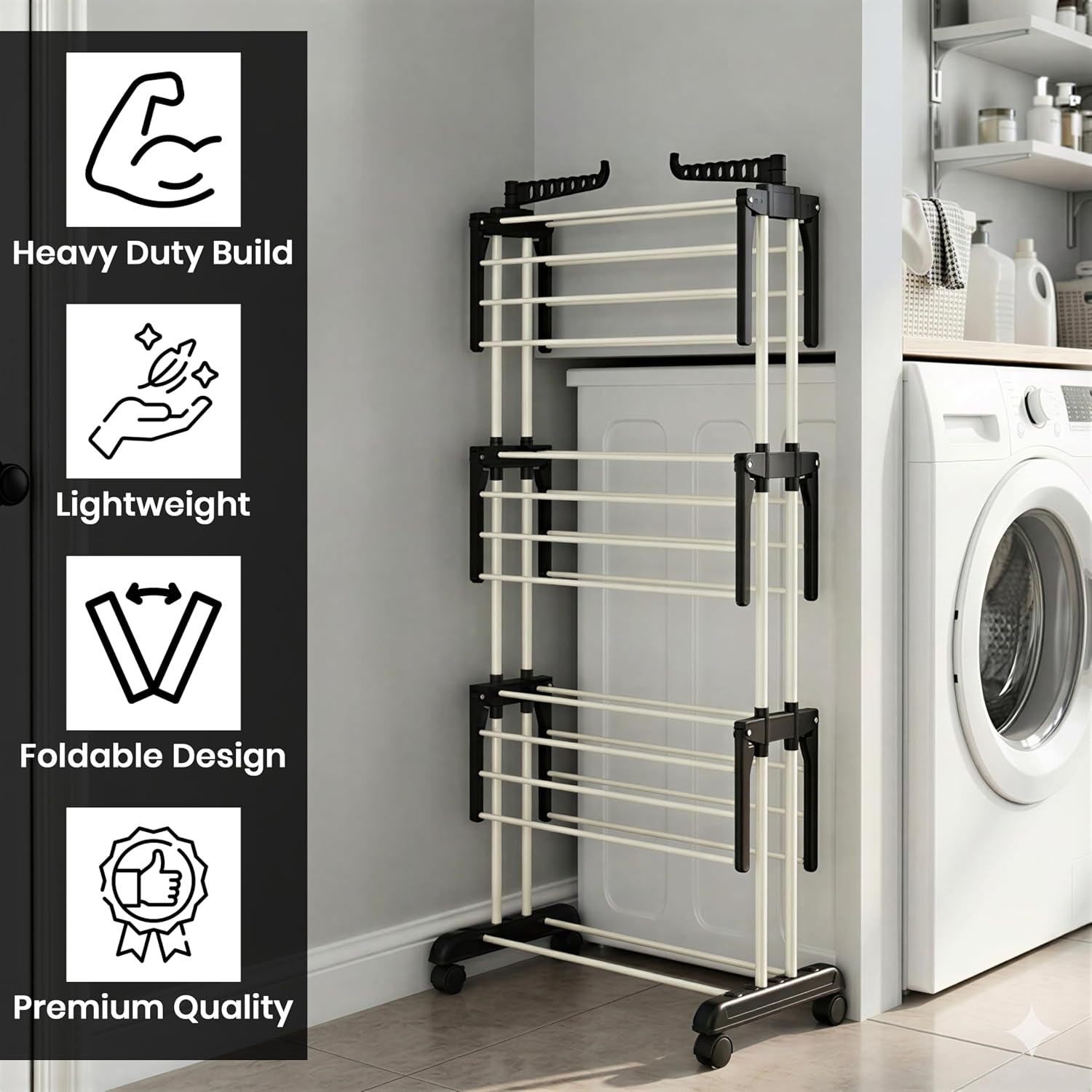 Aspect Heavy Duty Clothes Airer, Large 4-Tier Foldable Clothes Drying Rack With 2 Adjustable Side Wings & Wheels, Space Saving Free-Standing Laundry Rack For Indoor-Outdoor Use - Image 4