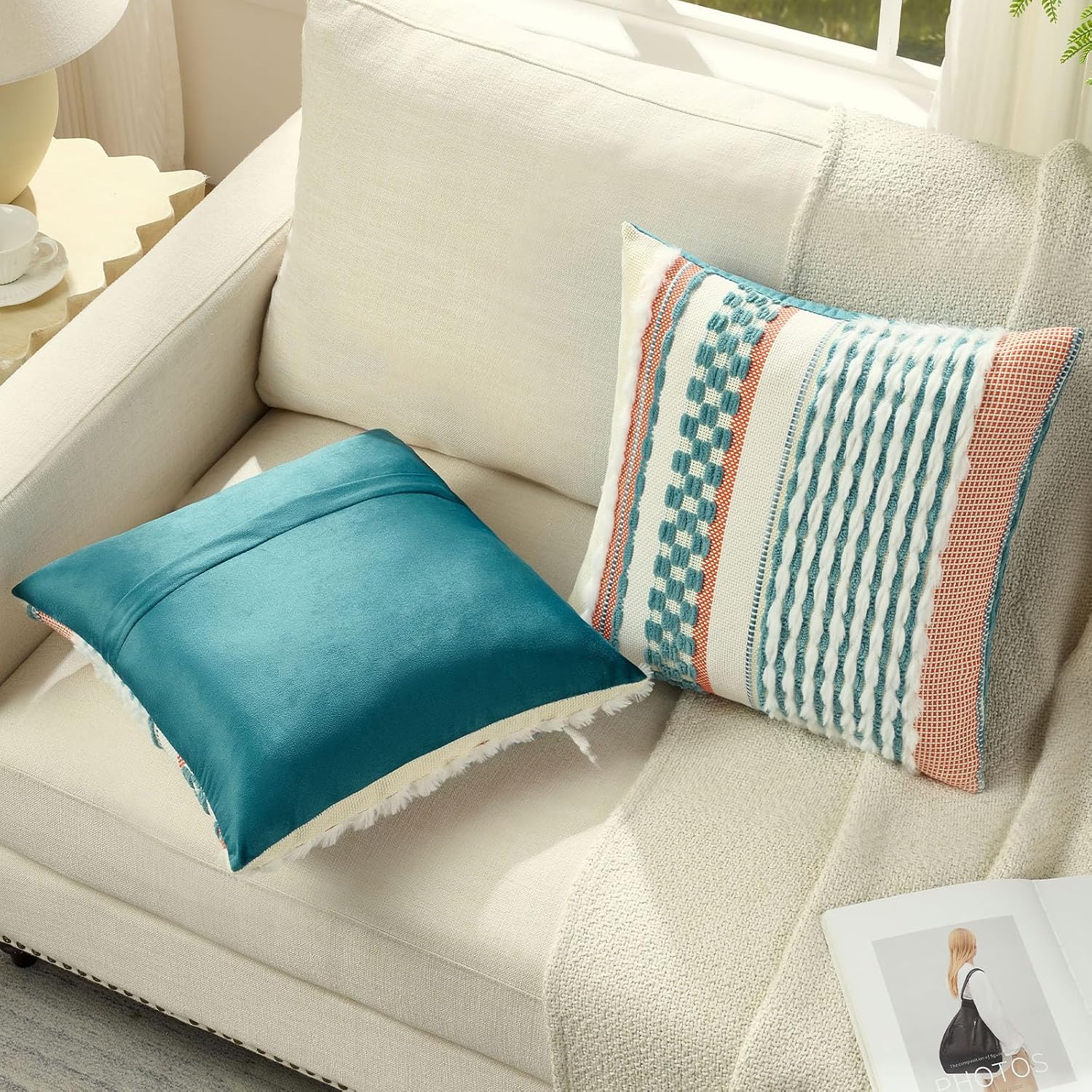 FUTEI Set of 2 Chenille Tufted Cushion Covers 45x45 cm,Teal - Image 4