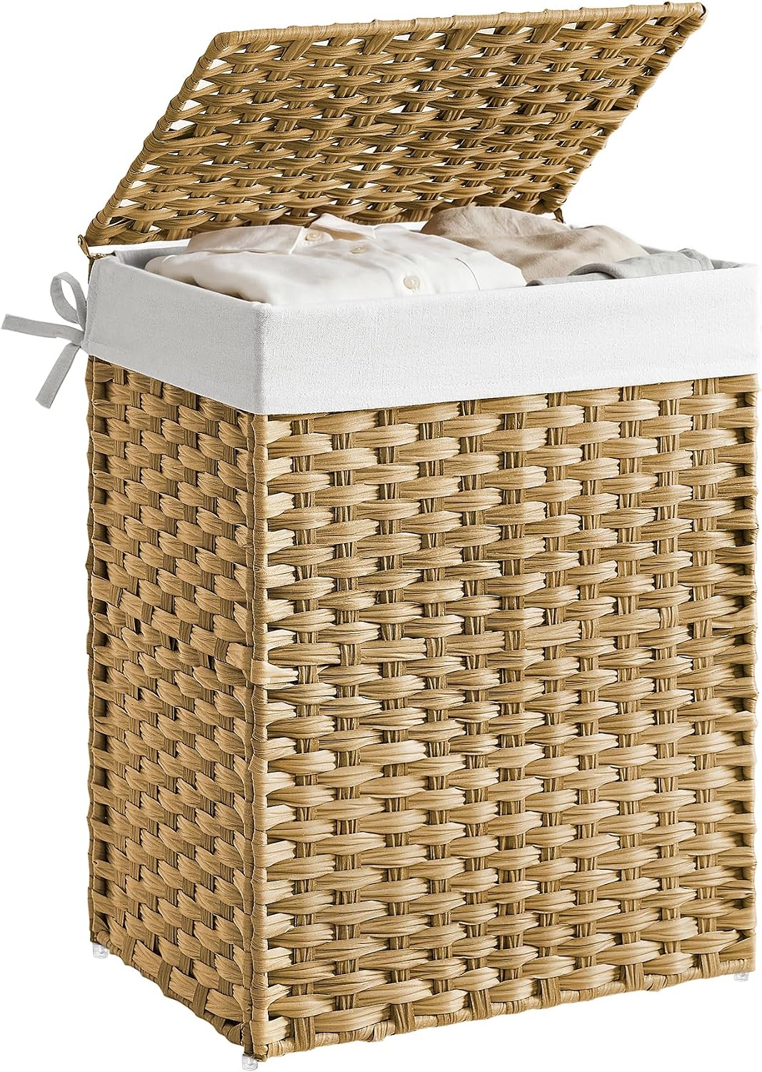 SONGMICS Laundry Basket, 90L Synthetic Rattan Storage Basket with Lid and Handles, Wicker, Foldable, Removable Liners, for Blankets, Clothes, Living Room, Bedroom, Laundry Room, Natural Colour LCB51NL