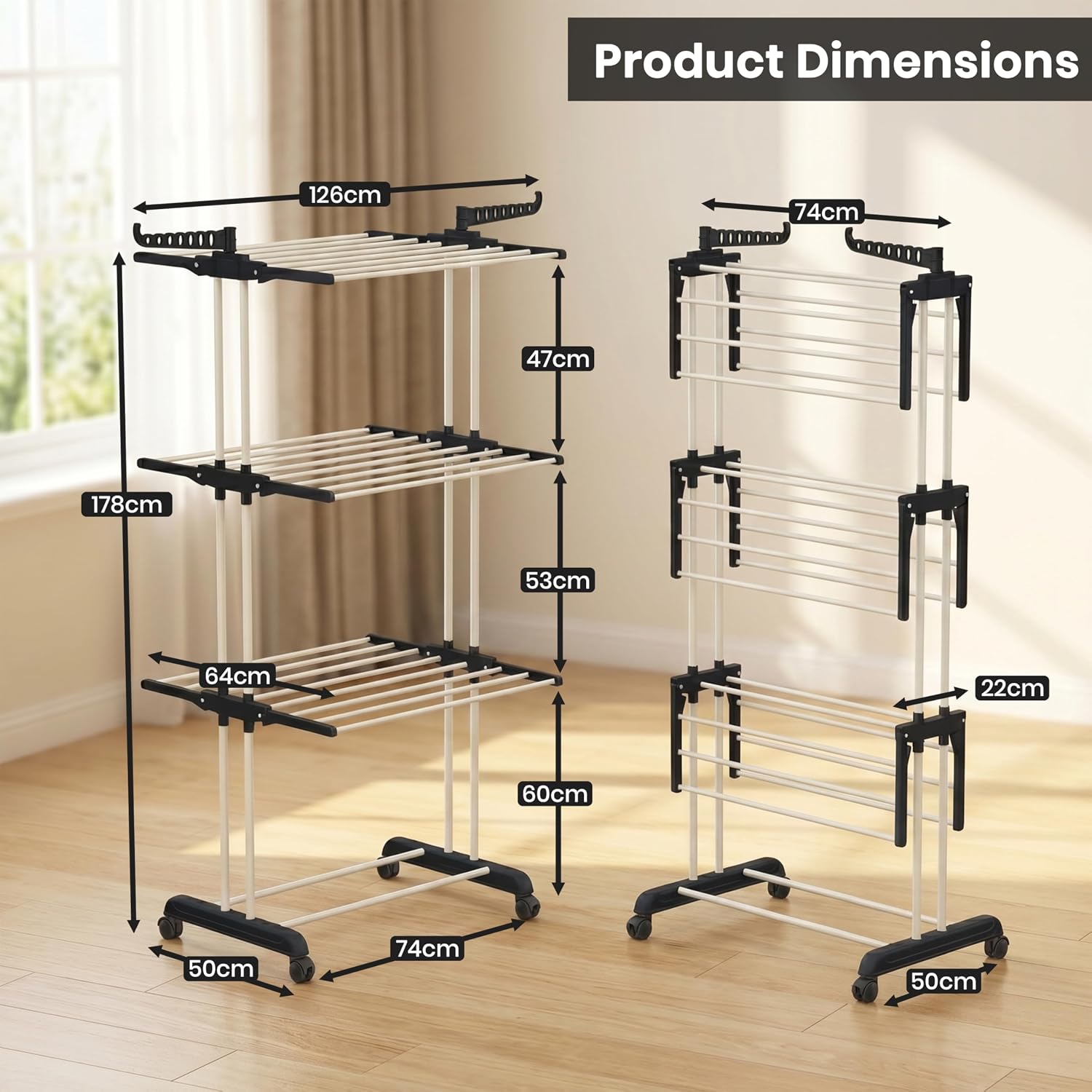 Aspect Heavy Duty Clothes Airer, Large 4-Tier Foldable Clothes Drying Rack With 2 Adjustable Side Wings & Wheels, Space Saving Free-Standing Laundry Rack For Indoor-Outdoor Use - Image 2