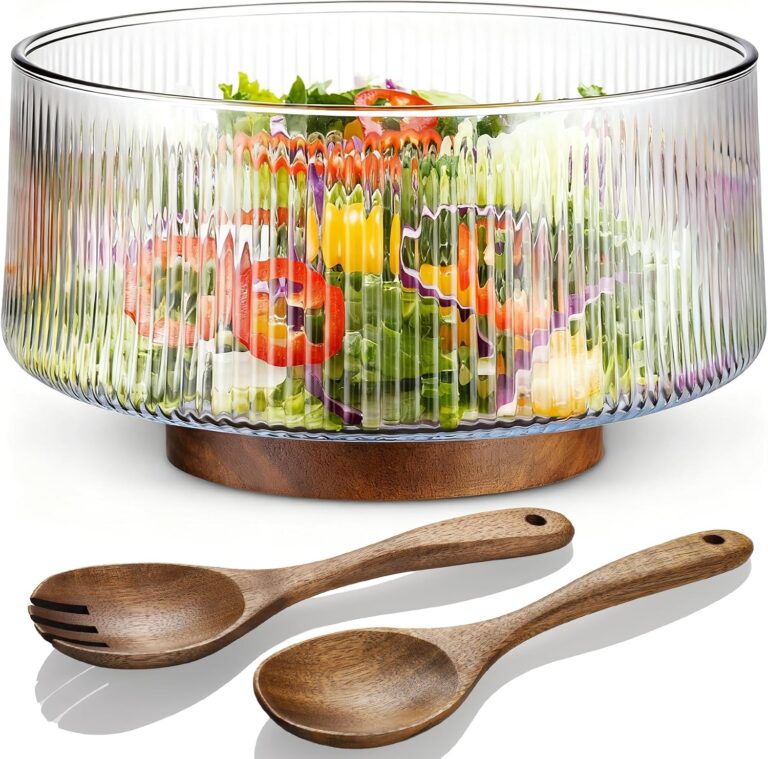 NiHome Extra Large 4500ML Glass Salad Bowl with Natural Acacia Wood Base & Wooden Salad Servers for Family Dinners, Parties, Gatherings, Multipurpose Oversized Glass Bowl for Salads