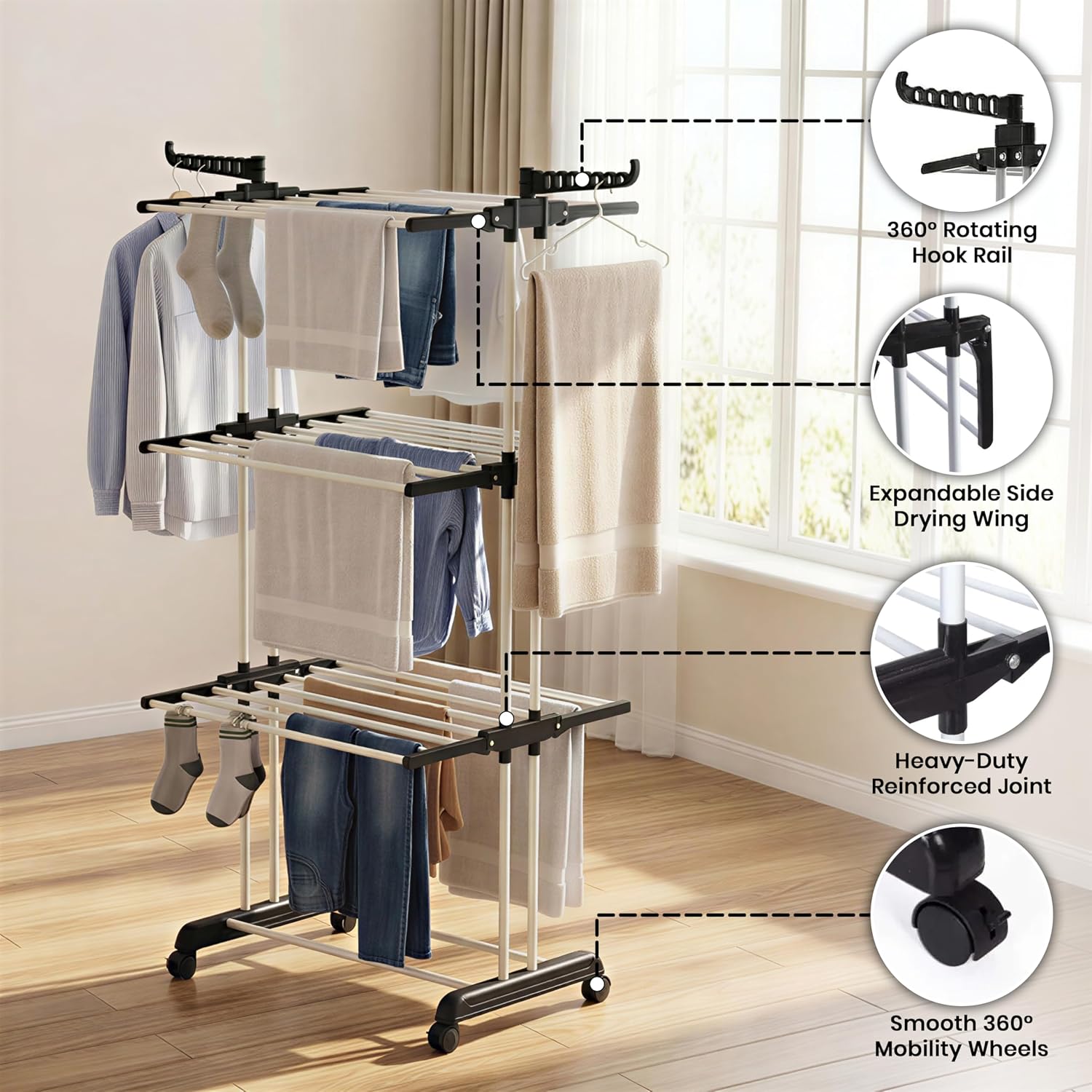 Aspect Heavy Duty Clothes Airer, Large 4-Tier Foldable Clothes Drying Rack With 2 Adjustable Side Wings & Wheels, Space Saving Free-Standing Laundry Rack For Indoor-Outdoor Use - Image 3