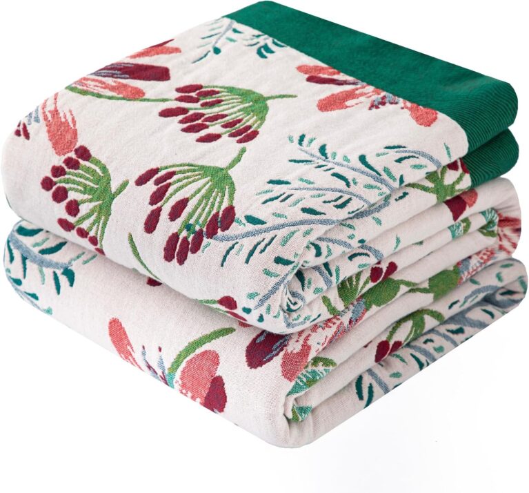Bohemian Throw Blanket for Sofa 150x200cm, 100% Organic Cotton Woven Picnic Blanket for Bed Couch 2-3 Seater, Soft Muslin Quilt with Floral Jacquard, Double-sided Bedspread Throws Green/White