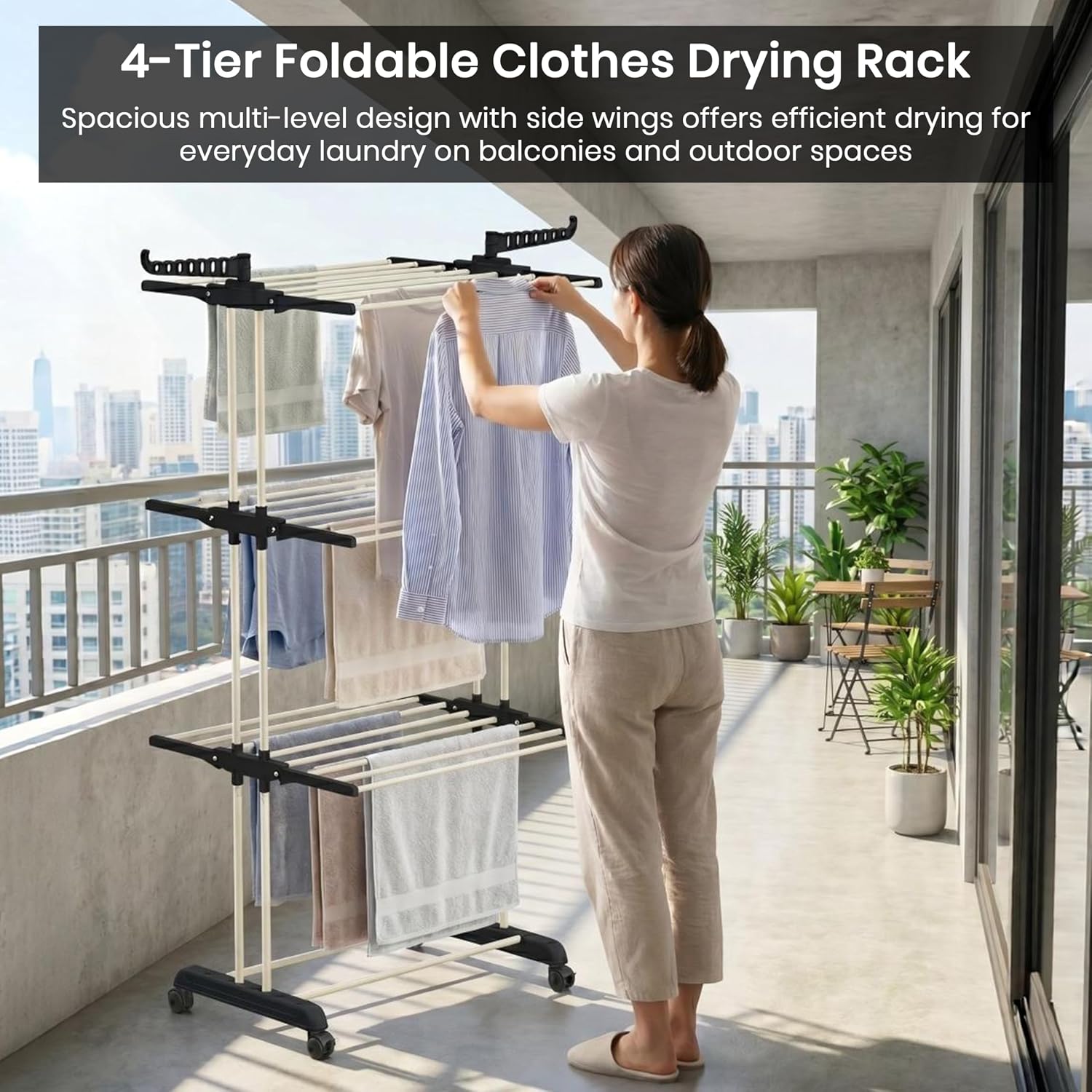 Aspect Heavy Duty Clothes Airer, Large 4-Tier Foldable Clothes Drying Rack With 2 Adjustable Side Wings & Wheels, Space Saving Free-Standing Laundry Rack For Indoor-Outdoor Use - Image 7