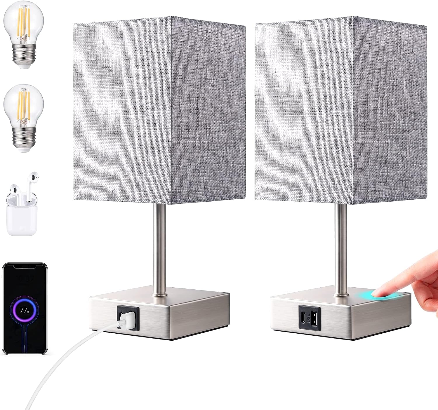 EDISHINE Touch Bedside Lamps Set of 2, 3-Way Dimmable with USB A+C Ports - Image 9