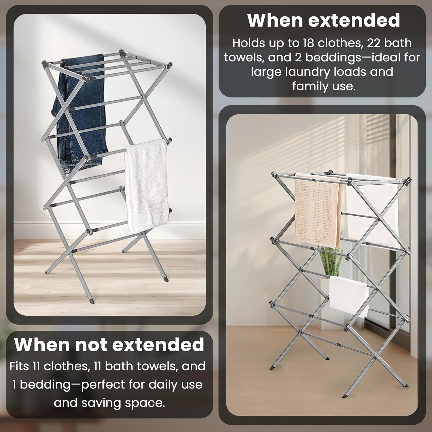 Expandable Clothes Drying Rack-Foldable 3-Tier Laundry Drying Rack, Adjustable Towel Rack Air Drying Clothing - Indoor & Outdoor Foldable Drying Racks Horse Airer, Grey - Image 6