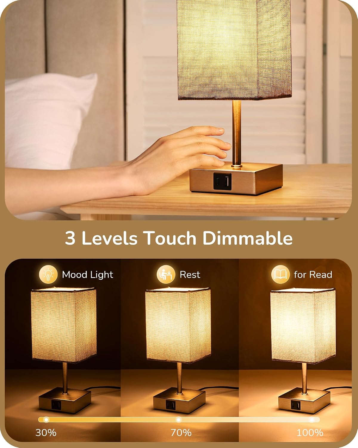 EDISHINE Touch Bedside Lamps Set of 2, 3-Way Dimmable with USB A+C Ports - Image 2