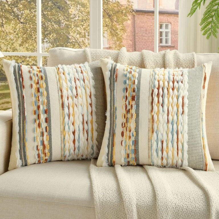 FUTEI Set of 2 Chenille Tufted Cushion Covers 45x45 cm,Rust+Blue+Yellow