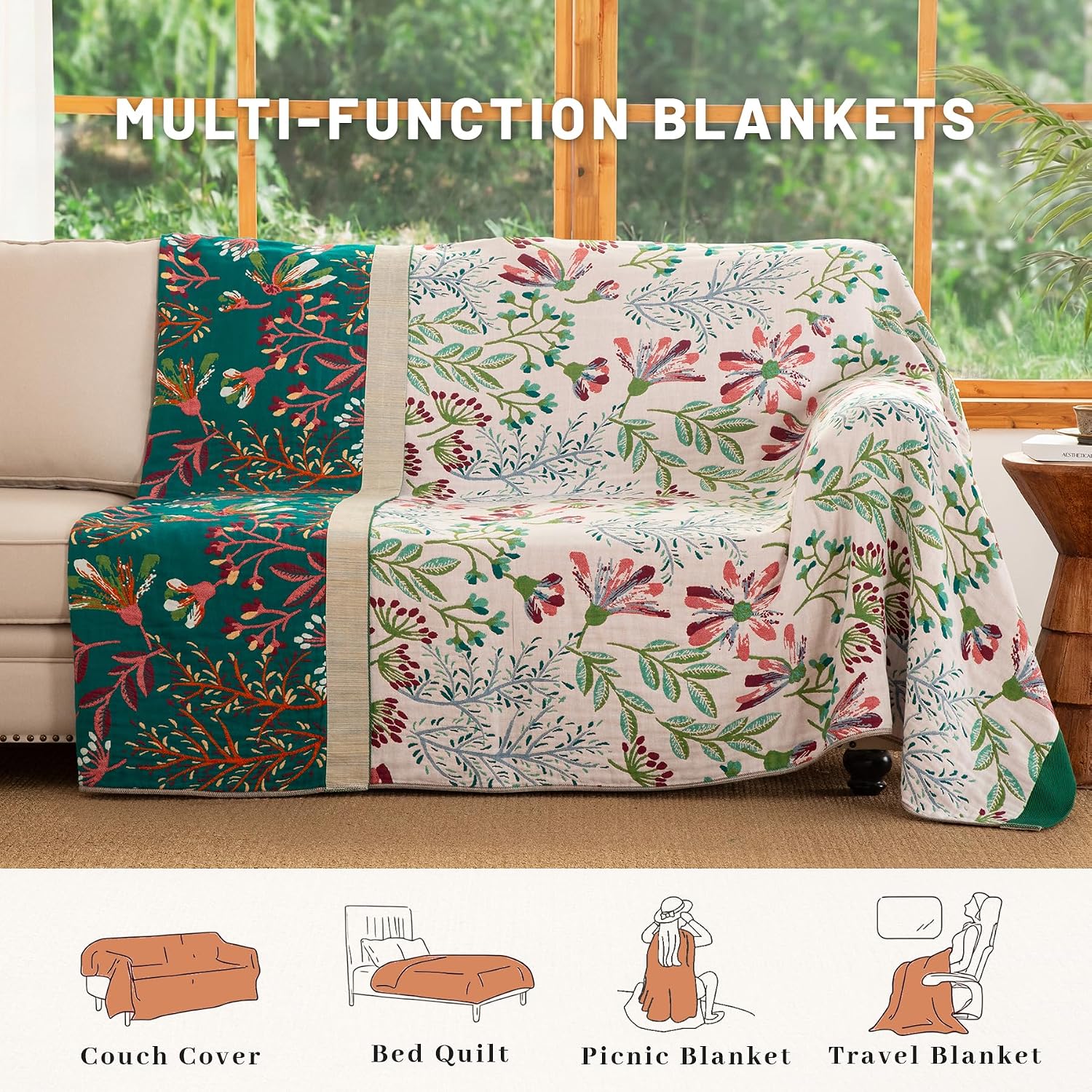 Bohemian Throw Blanket for Sofa 150x200cm, 100% Organic Cotton Woven Picnic Blanket for Bed Couch 2-3 Seater, Soft Muslin Quilt with Floral Jacquard, Double-sided Bedspread Throws Green/White - Image 6